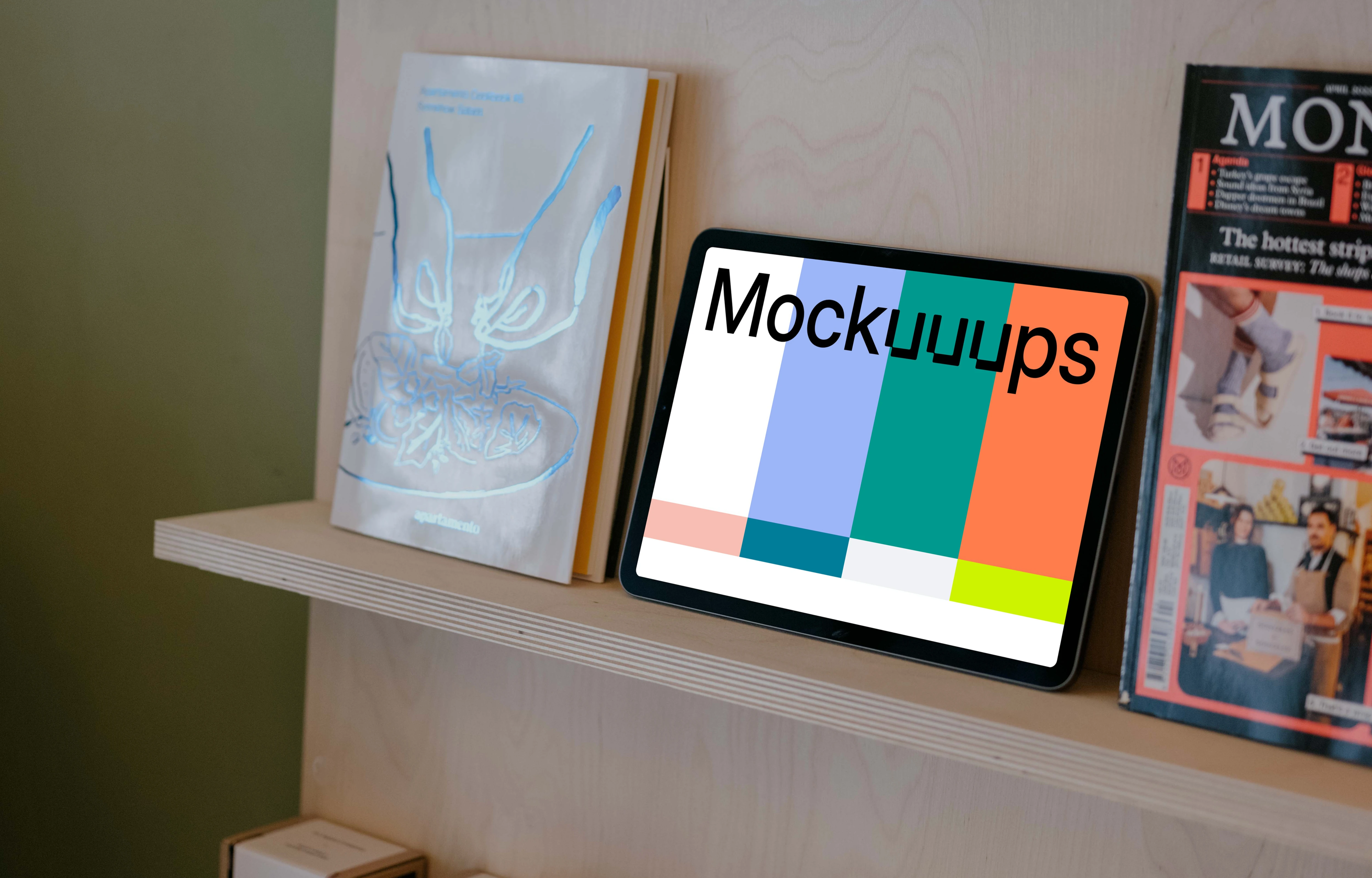 iPad Air mockup on wooden shelf