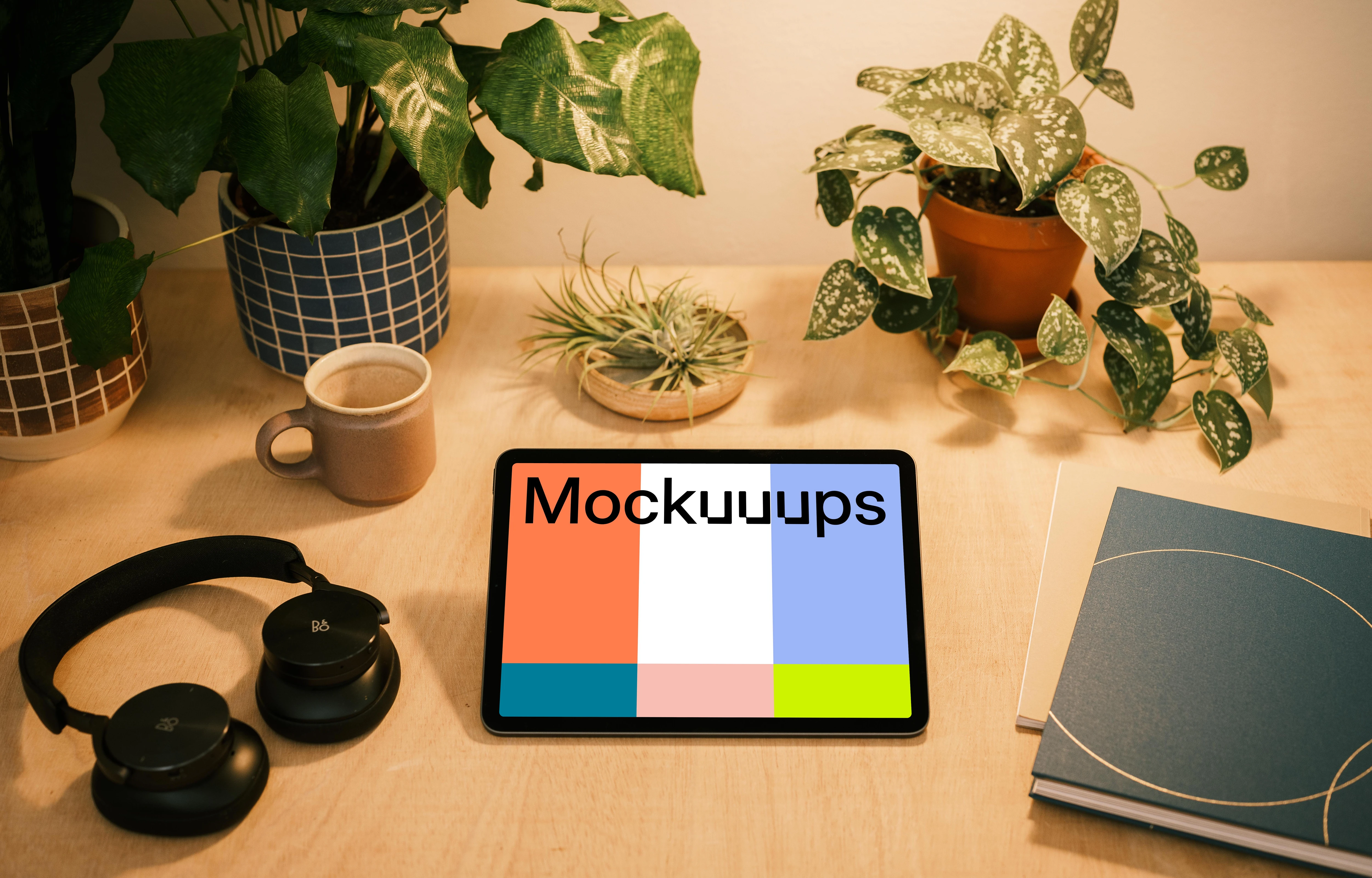 iPad mockup on a table with a diary at the side