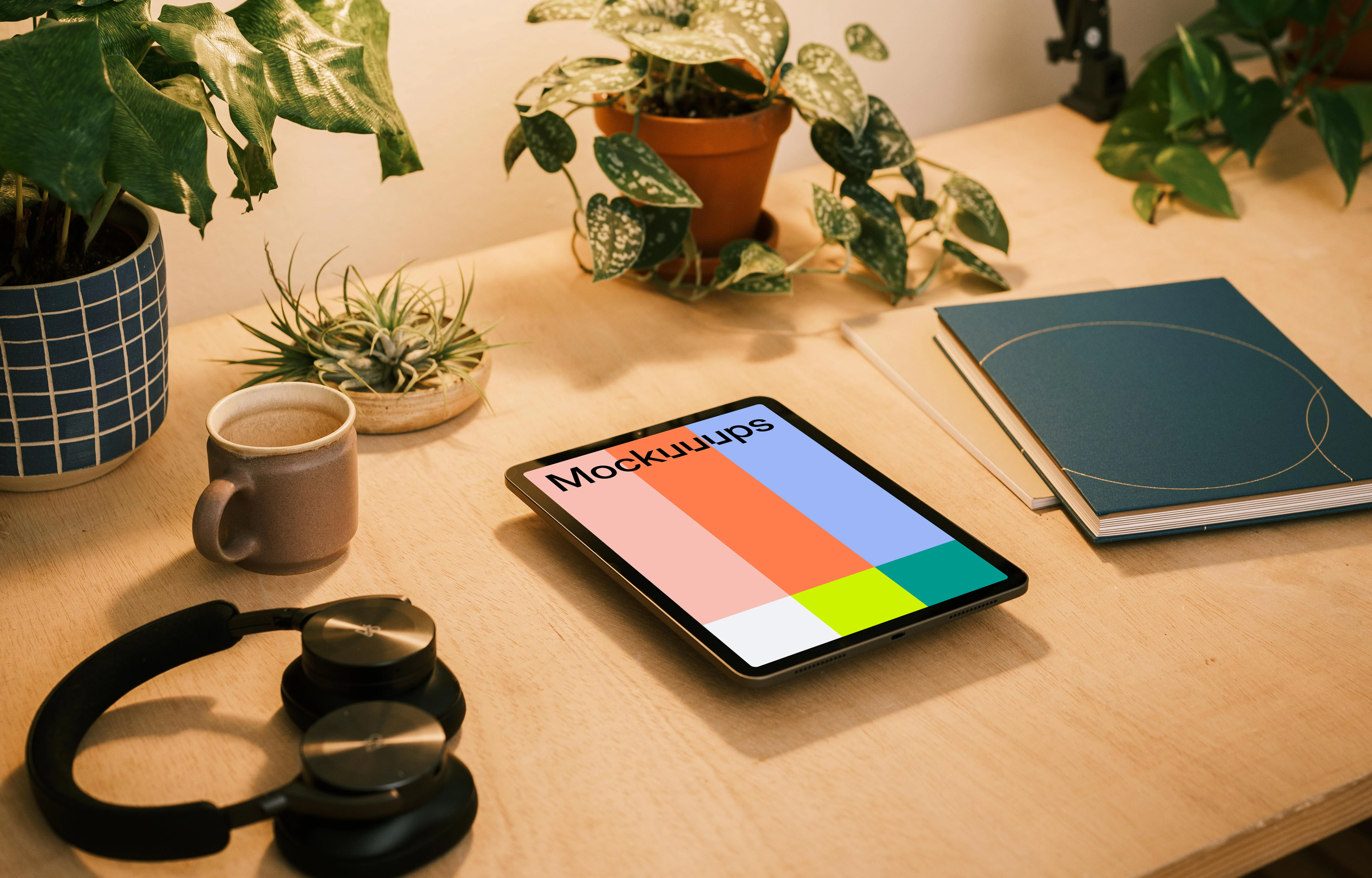 iPad mockup with a spiral bound notebook at the side