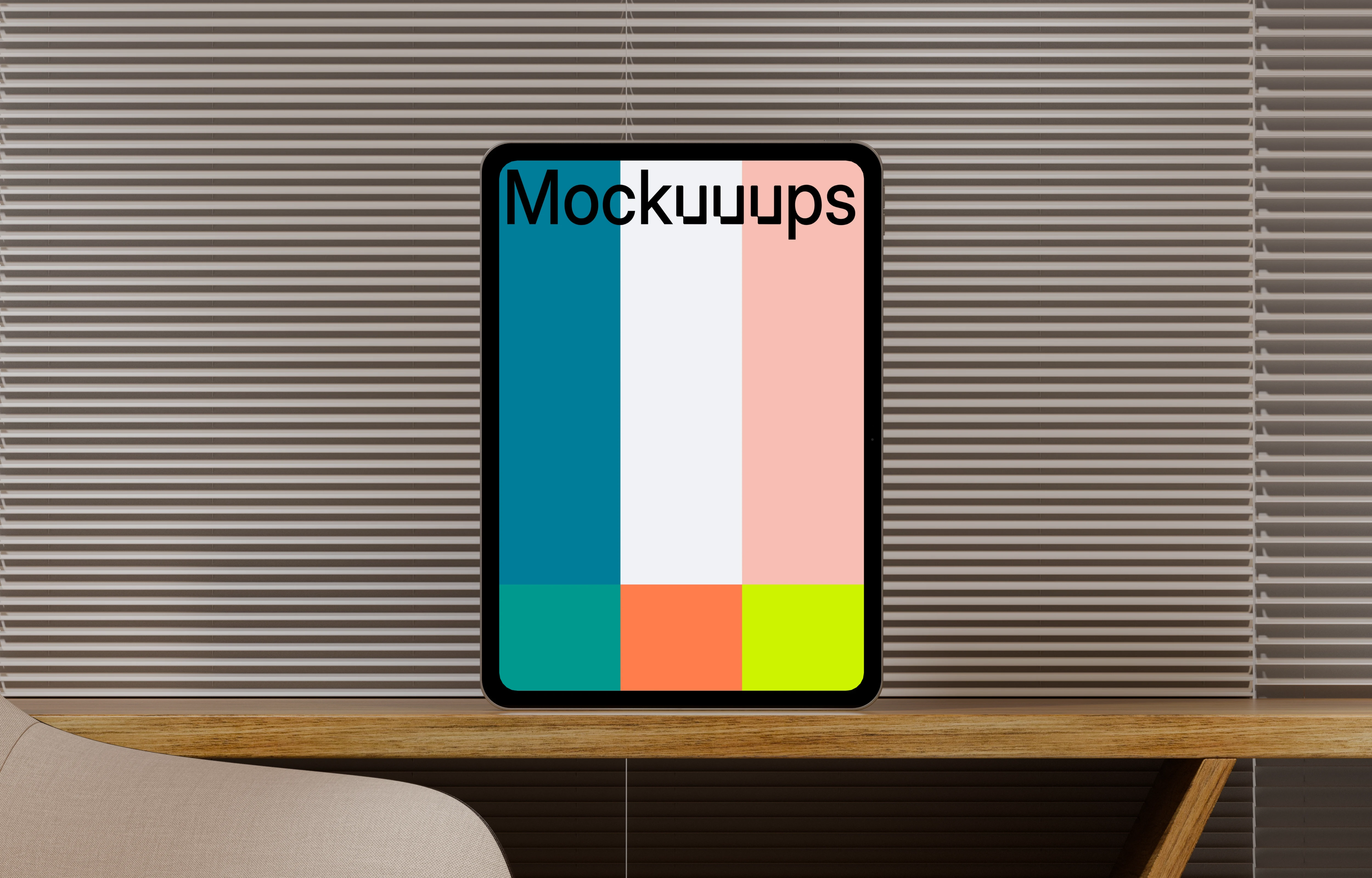 iPad Pro mockup on a wooden desk with blinds