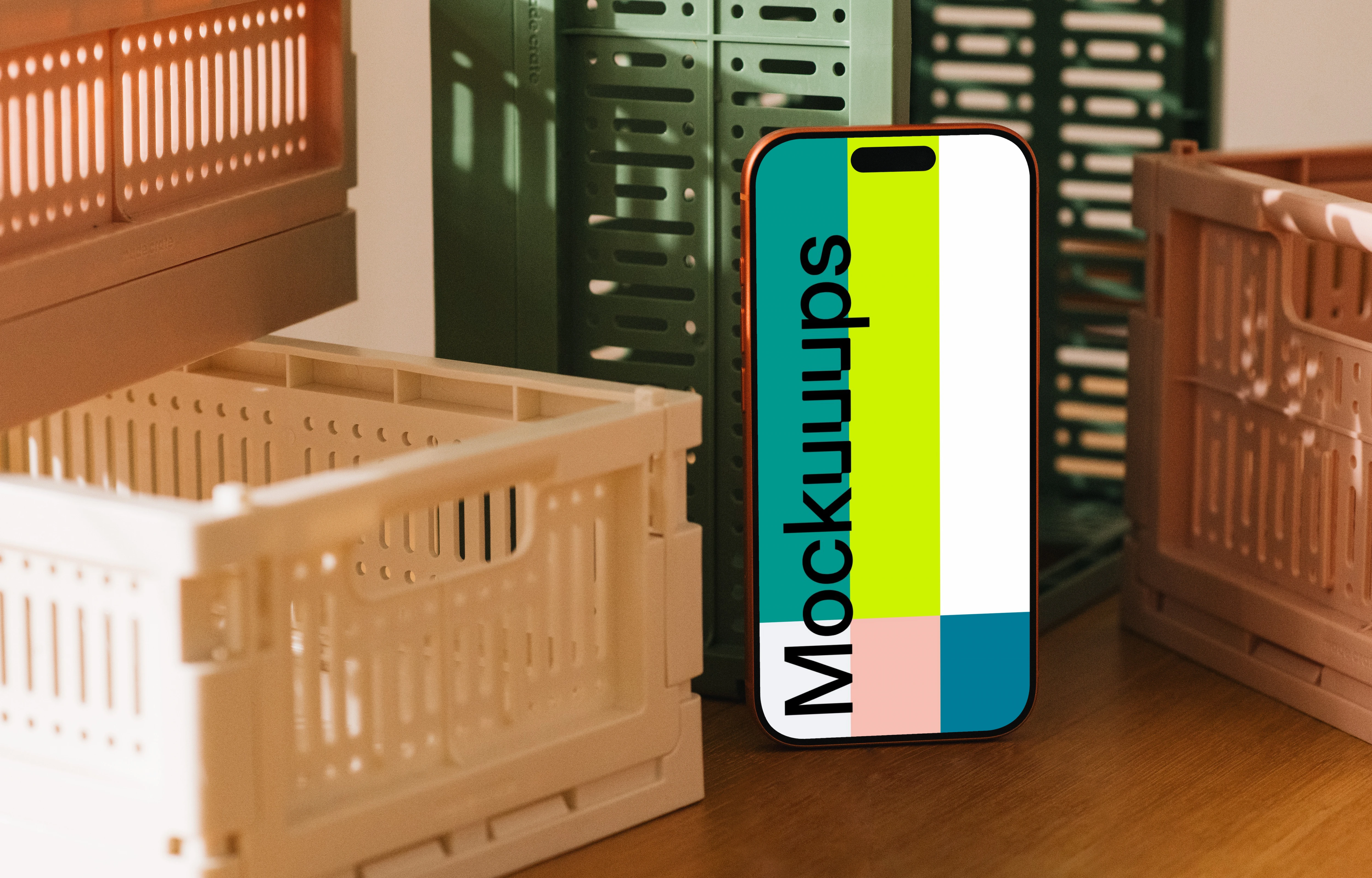 iPhone 17 Pro mockup surrounded by plastic crates
