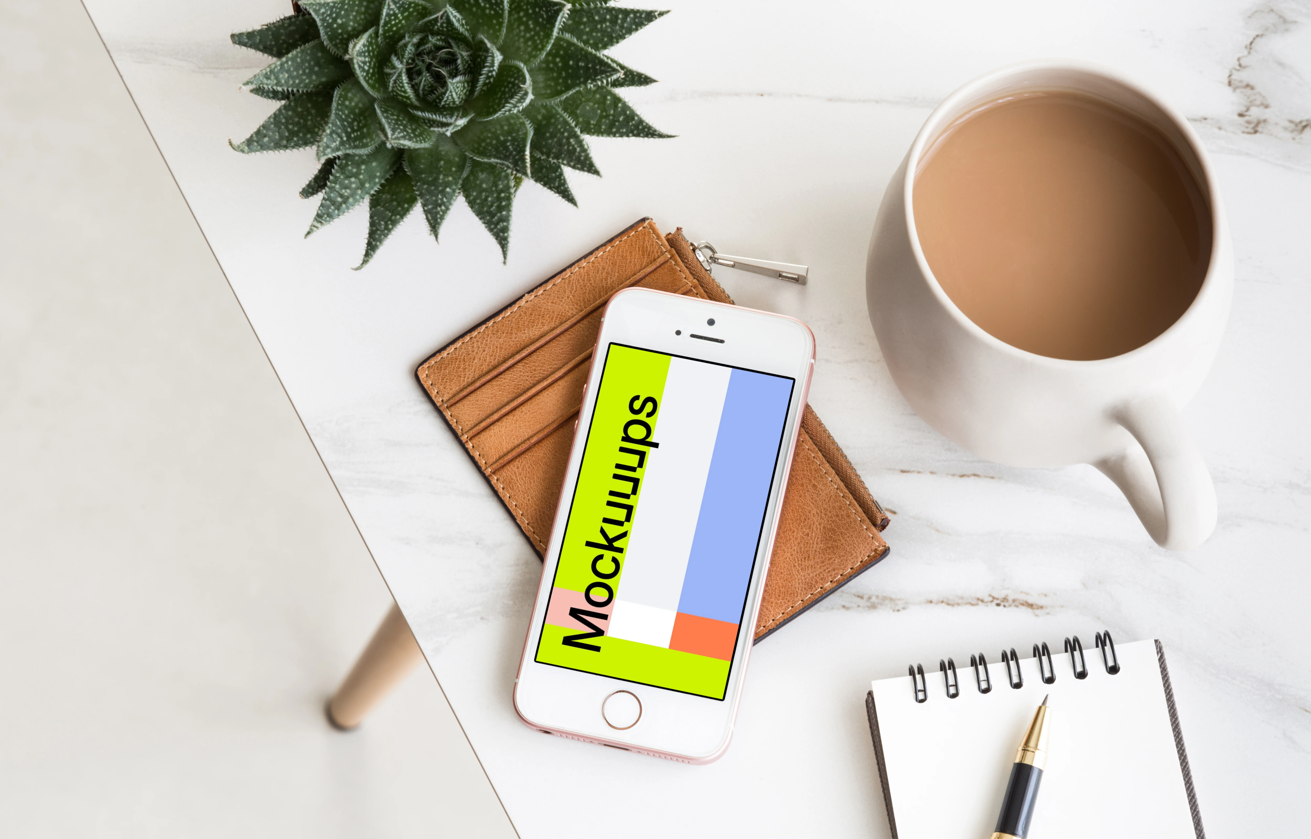 iPhone SE mockup on the leather wallet
