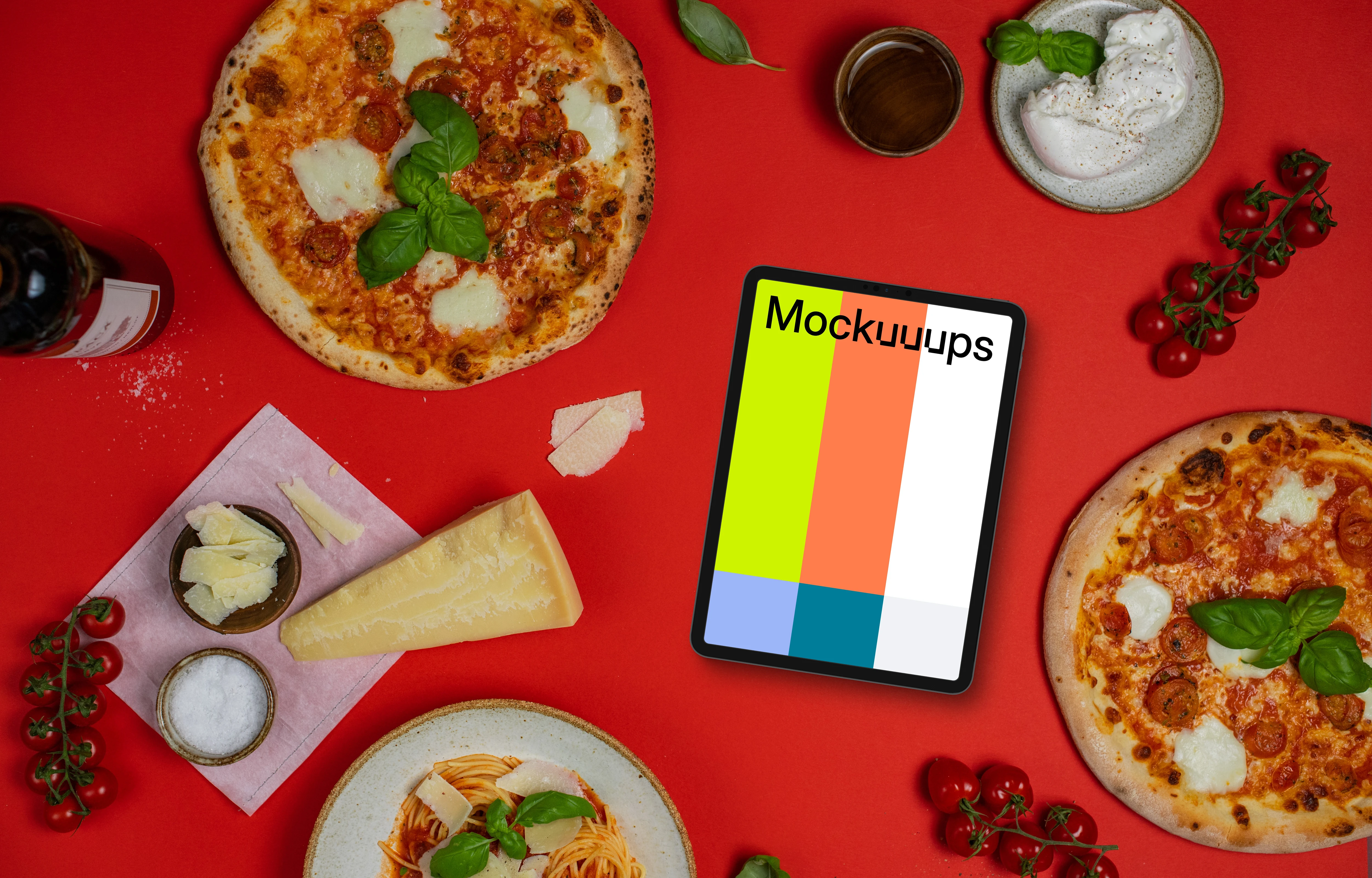 Italian food around tablet mockup