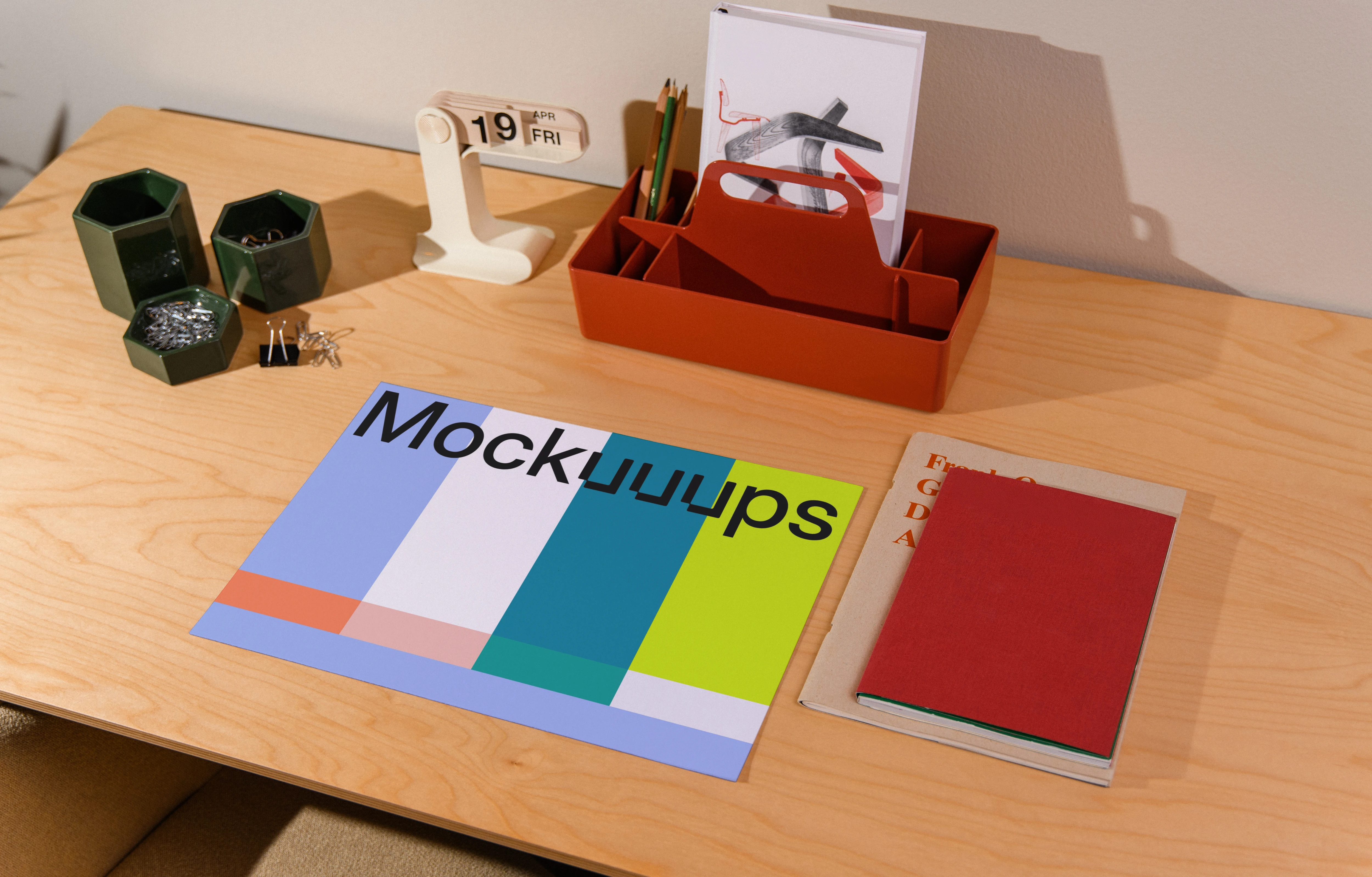 Landscape A3 mockup on an organized office desk