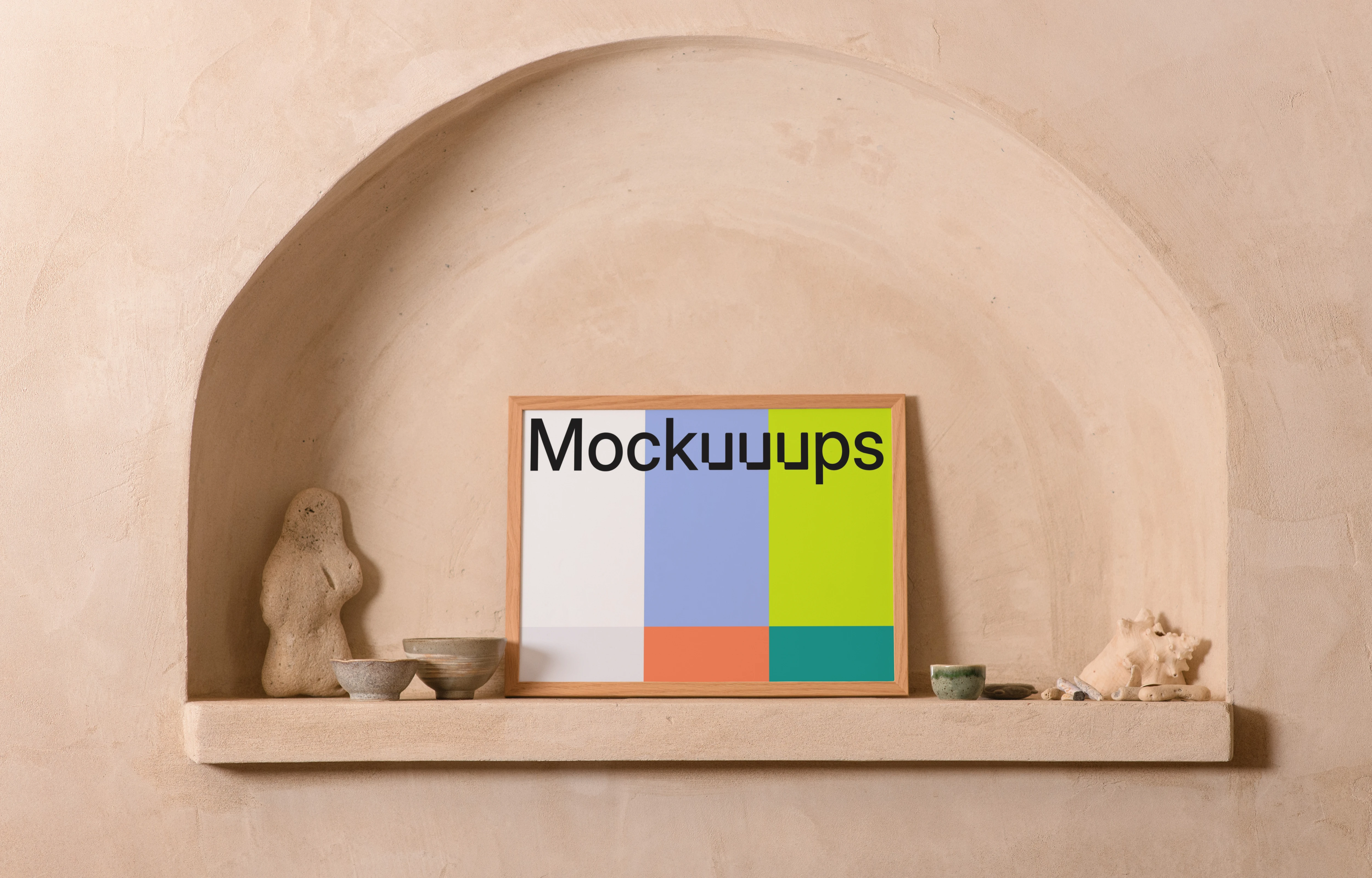 Landscape A4 mockup on a textured shelf with decor