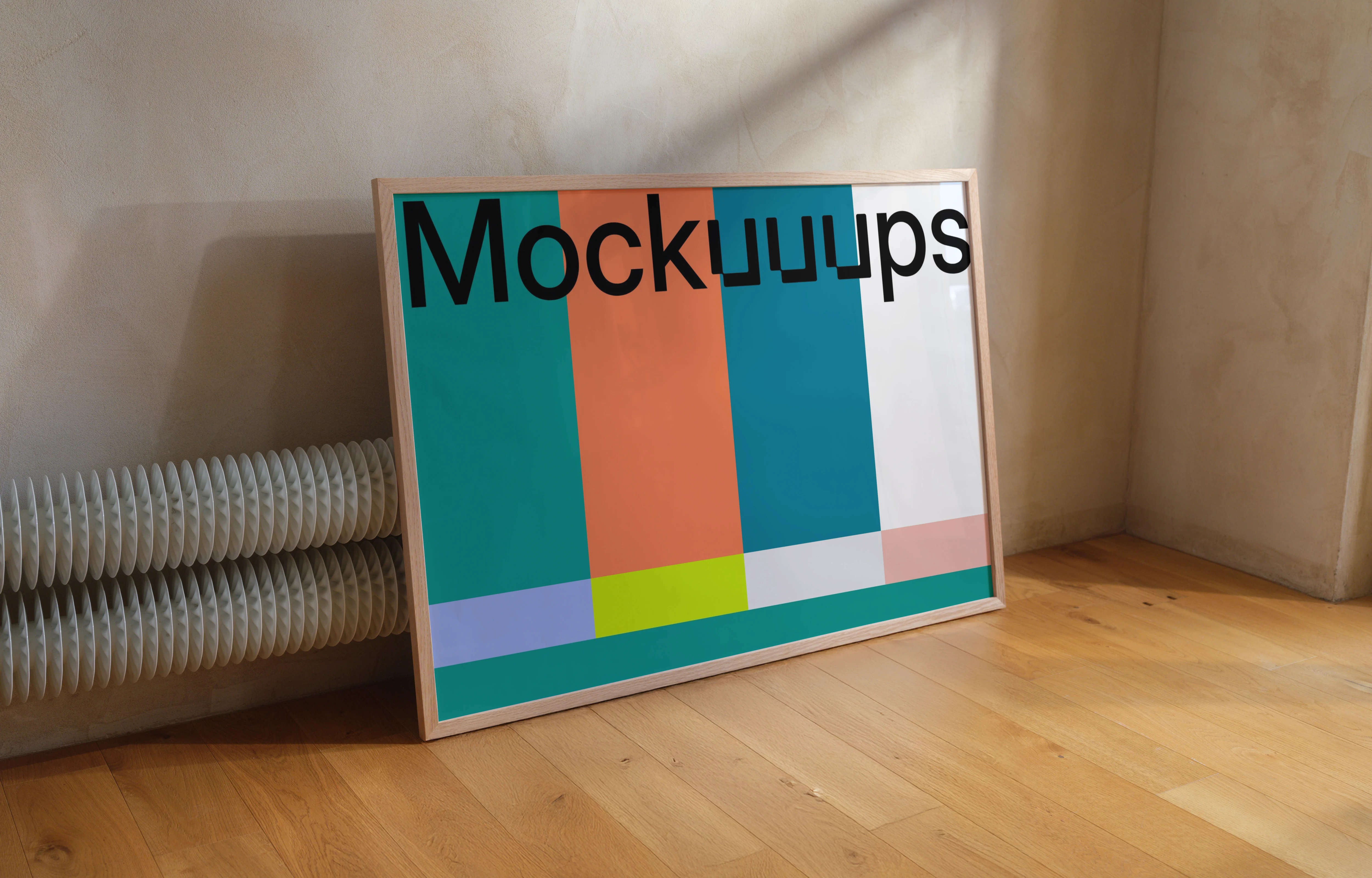 Landscape B1 mockup with wooden frame on hardwood floor