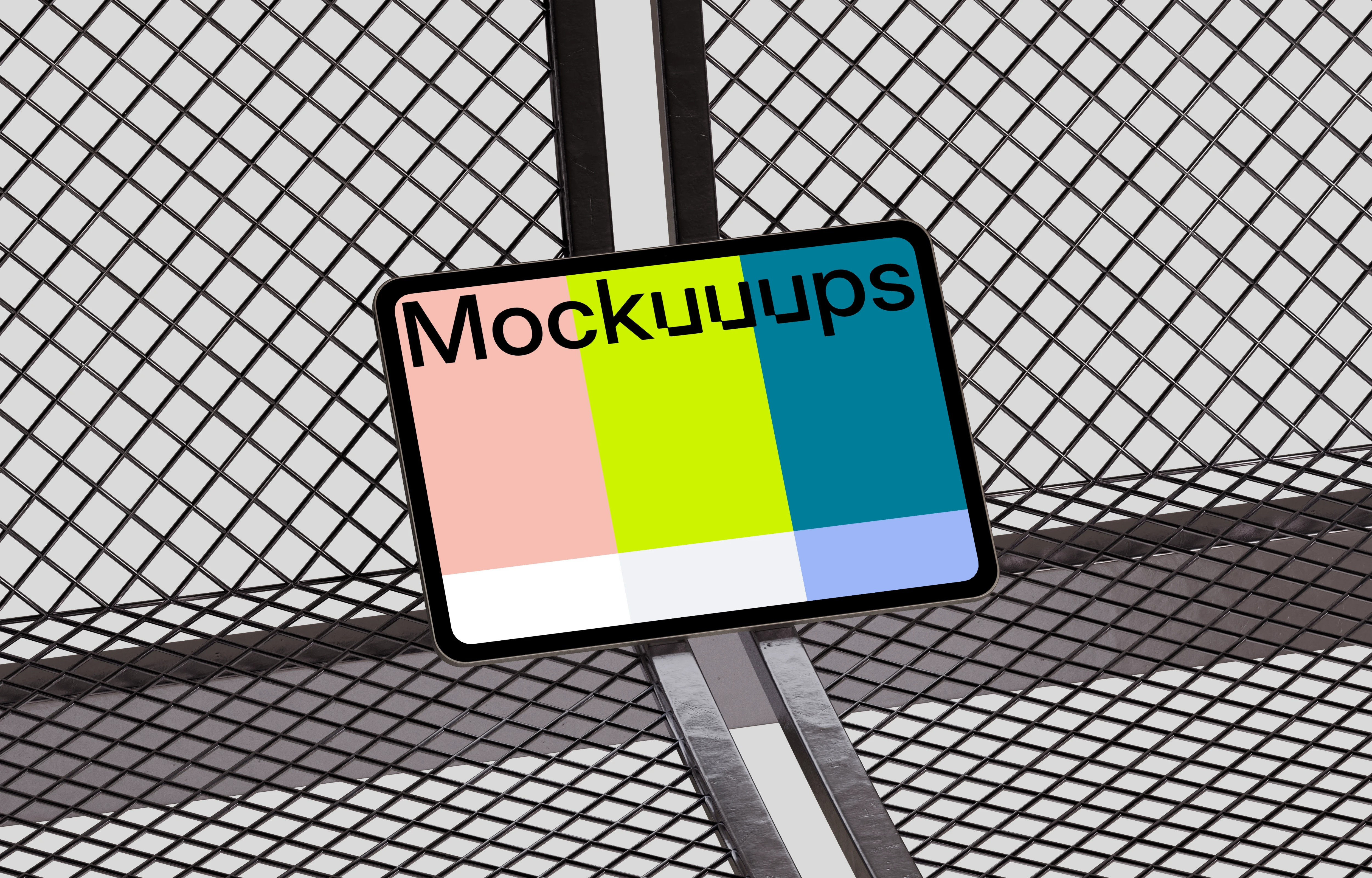 Landscape iPad Pro mockup with metal grid background