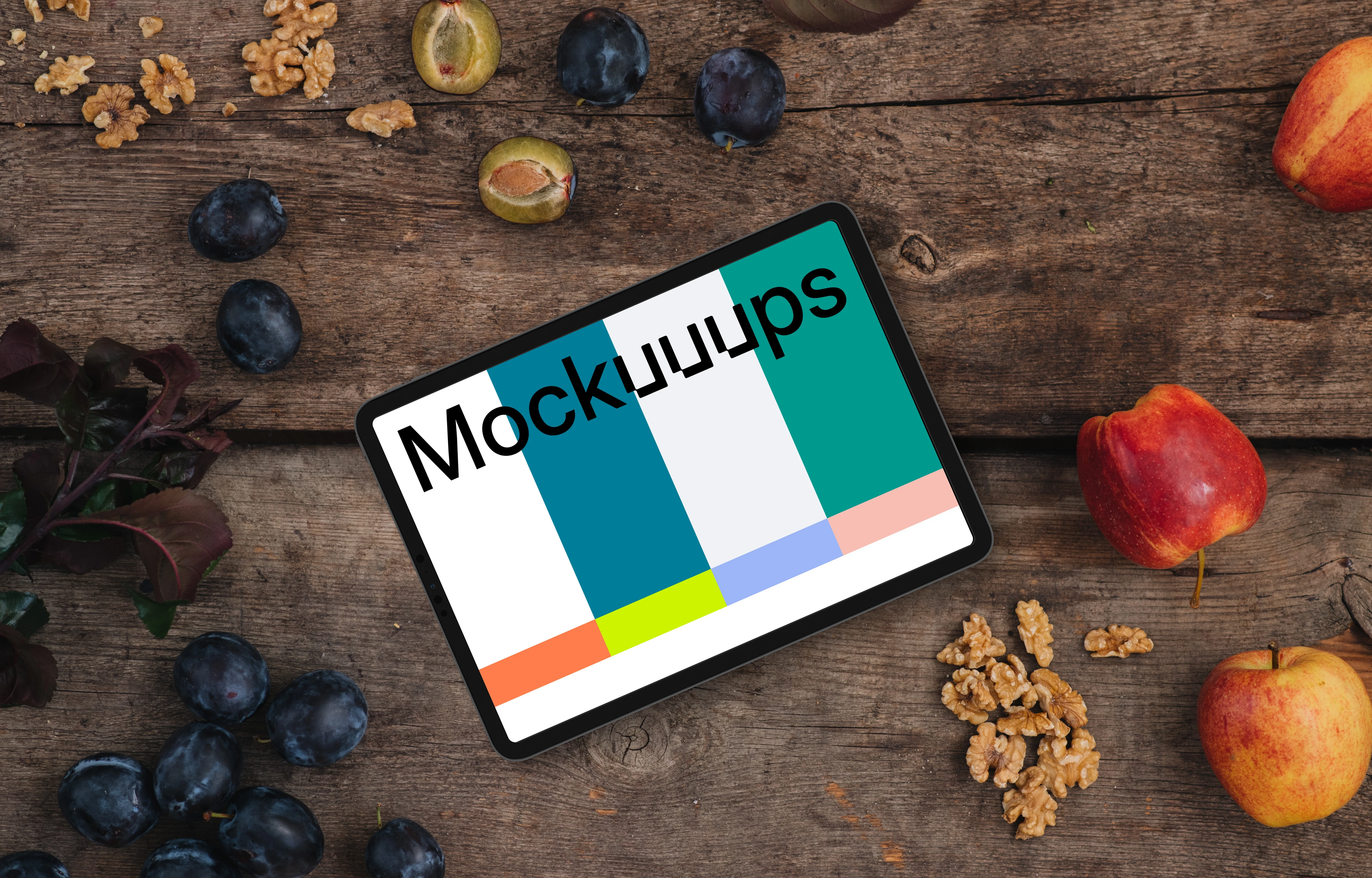 Landscape tablet mockup on wooden table