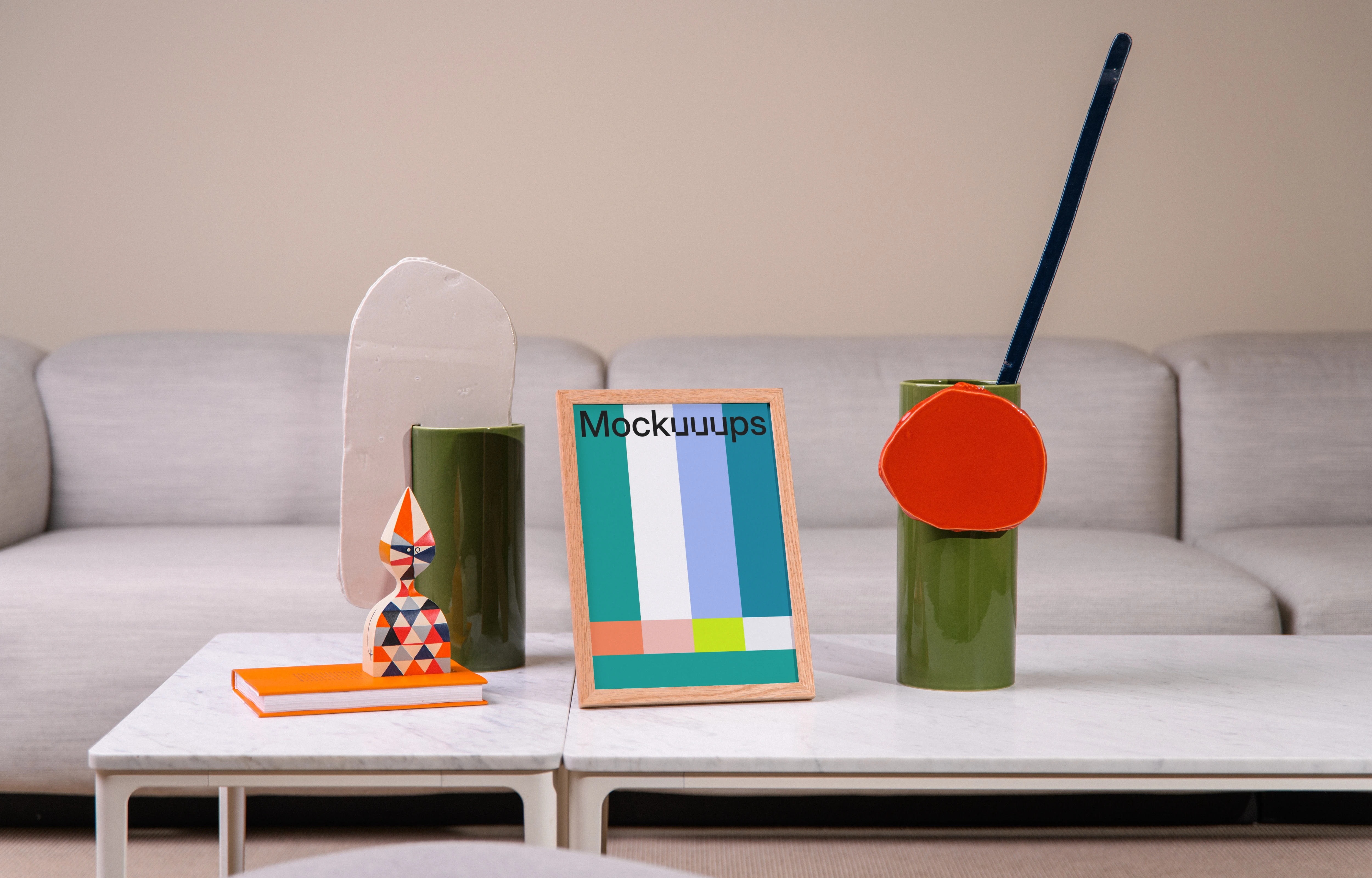A5 wooden frame mockup with colorful decor on a table