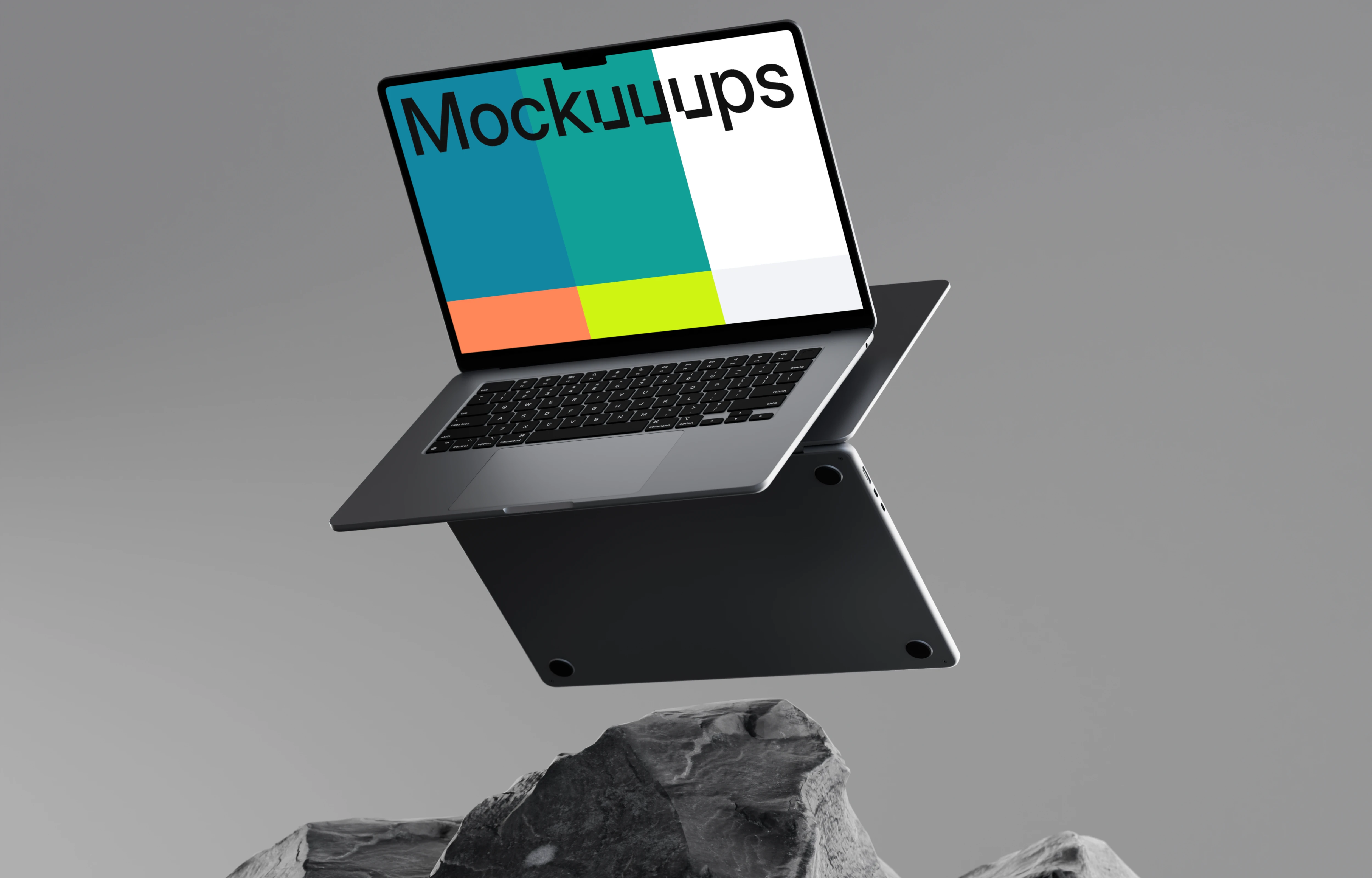 MacBook Air 15" mockup floating above stone surface