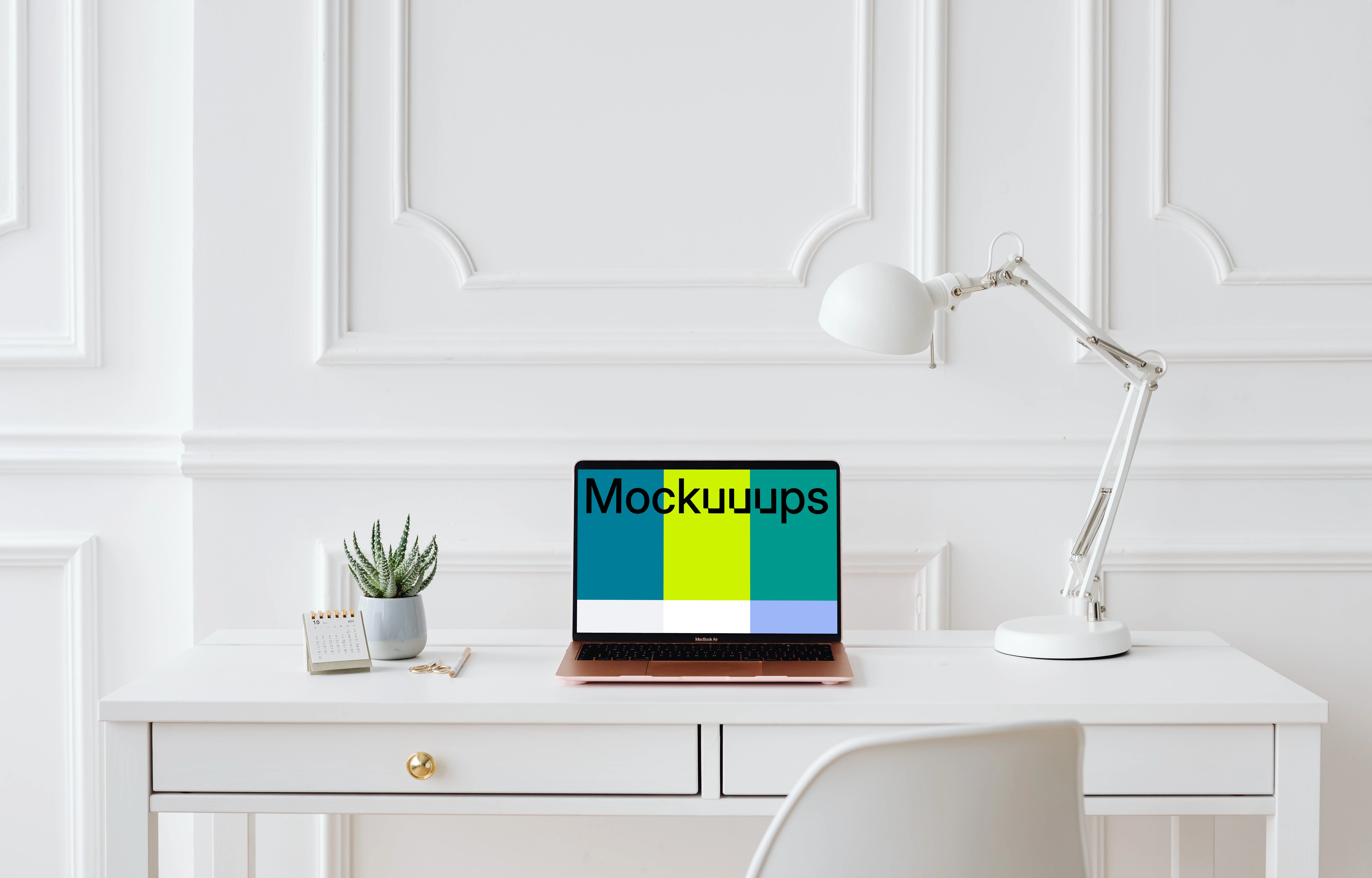 MacBook Air mockup on a white background with a reading lamp at the side