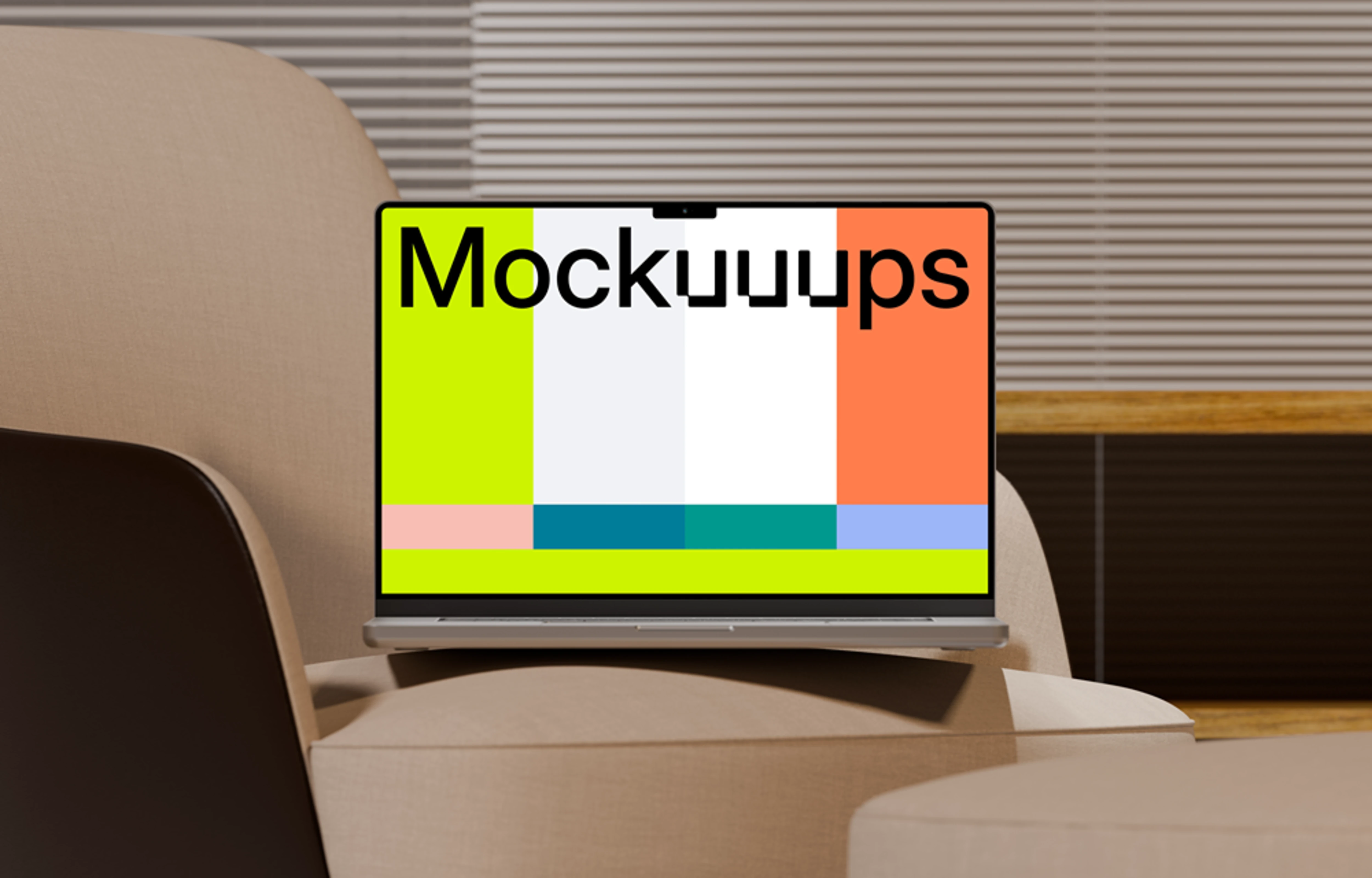 MacBook Pro mockup on a modern lounge couch