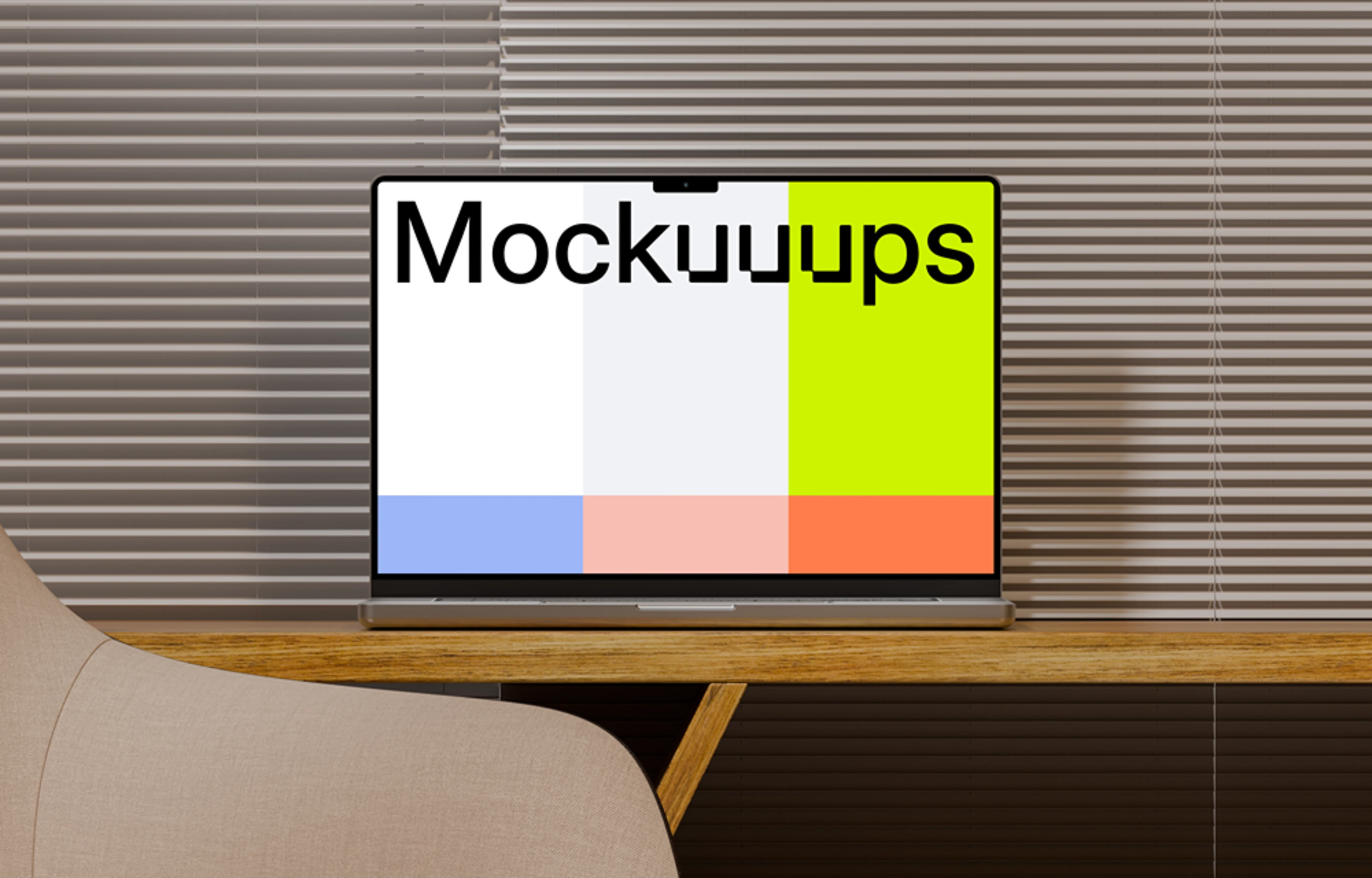MacBook Pro mockup on a wooden desk with blinds