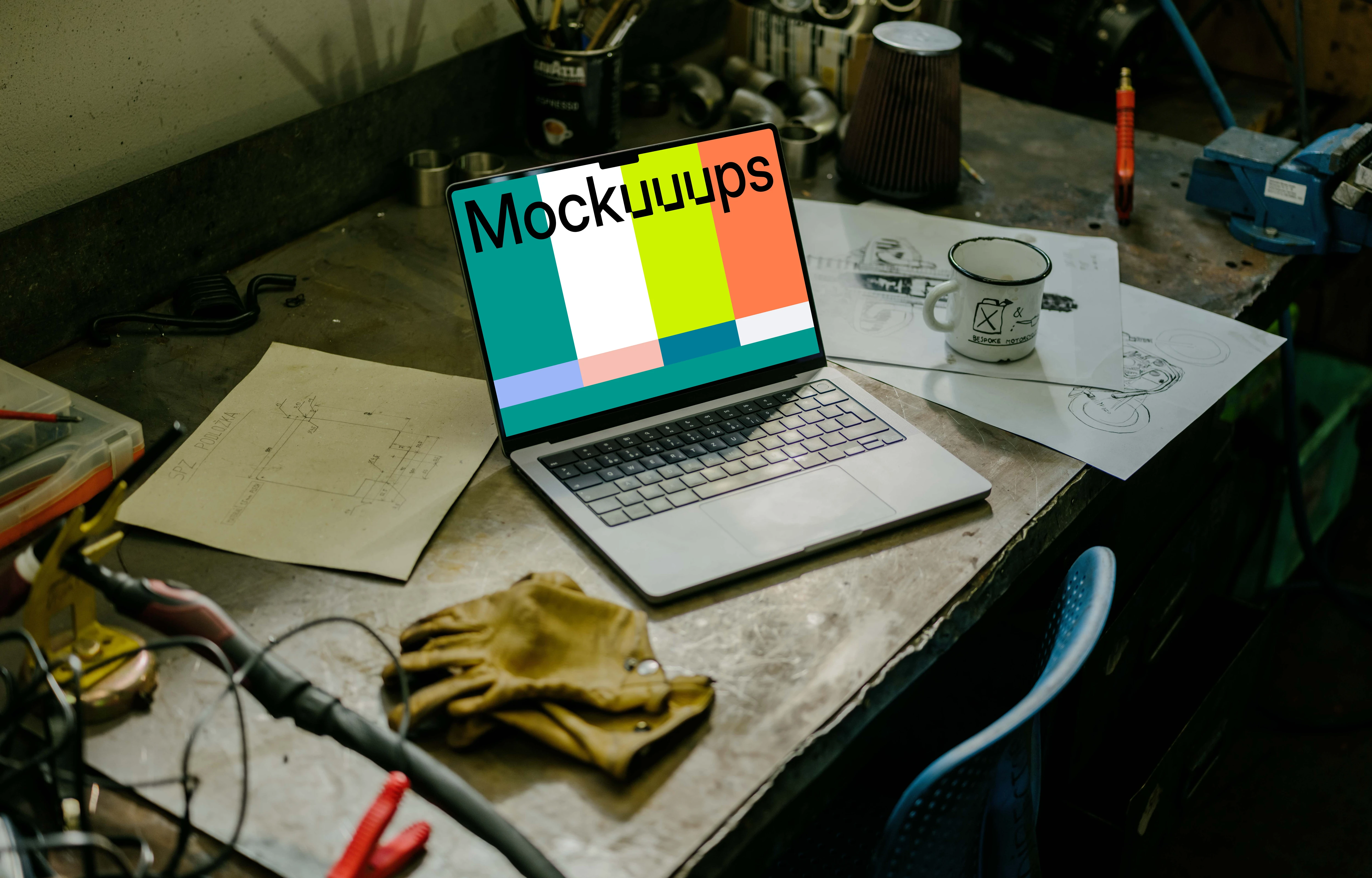 MacBook Pro mockup placed on a table beside work gloves