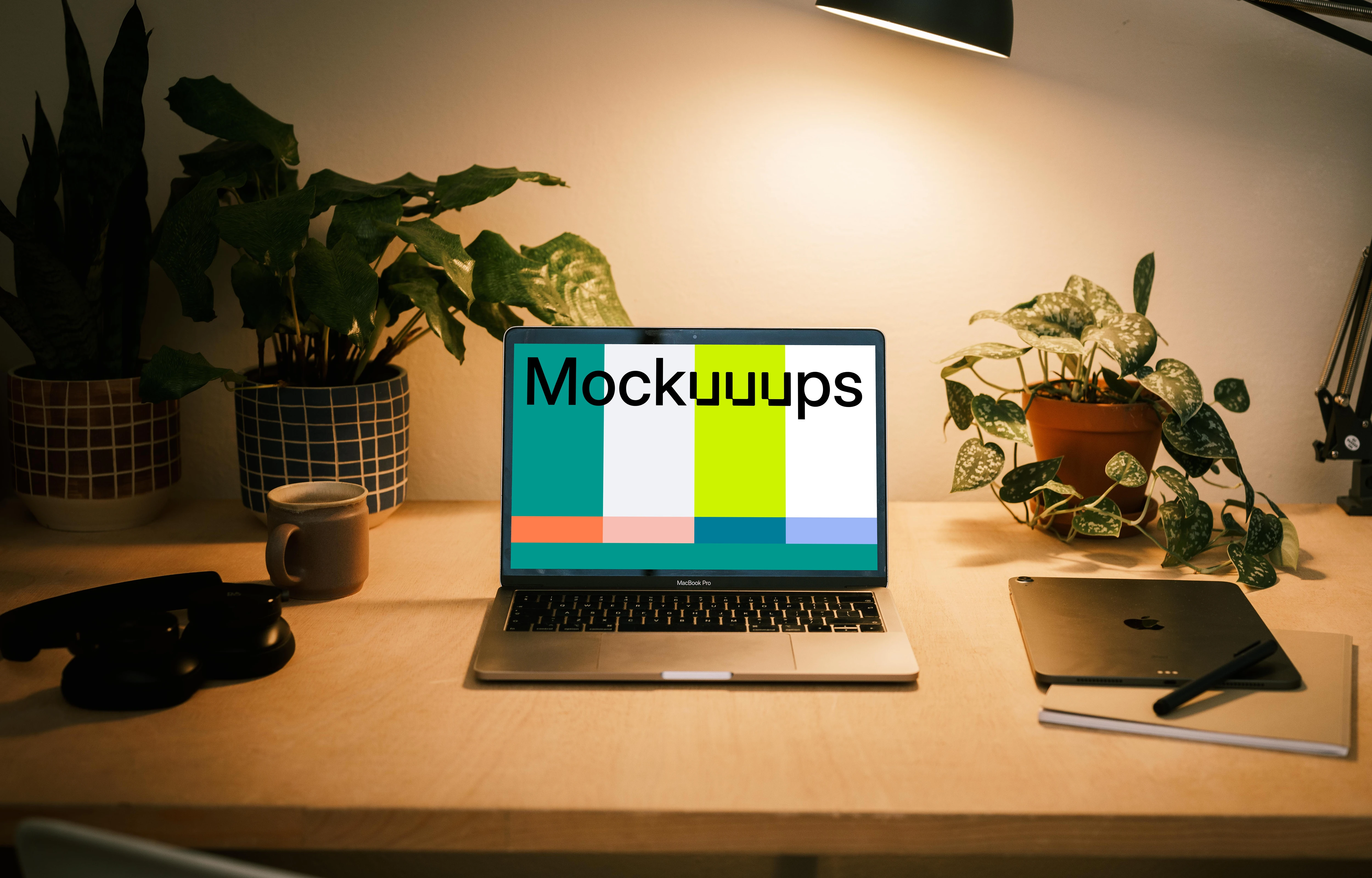 MacBook Pro mockup with a pair of headphones at the side