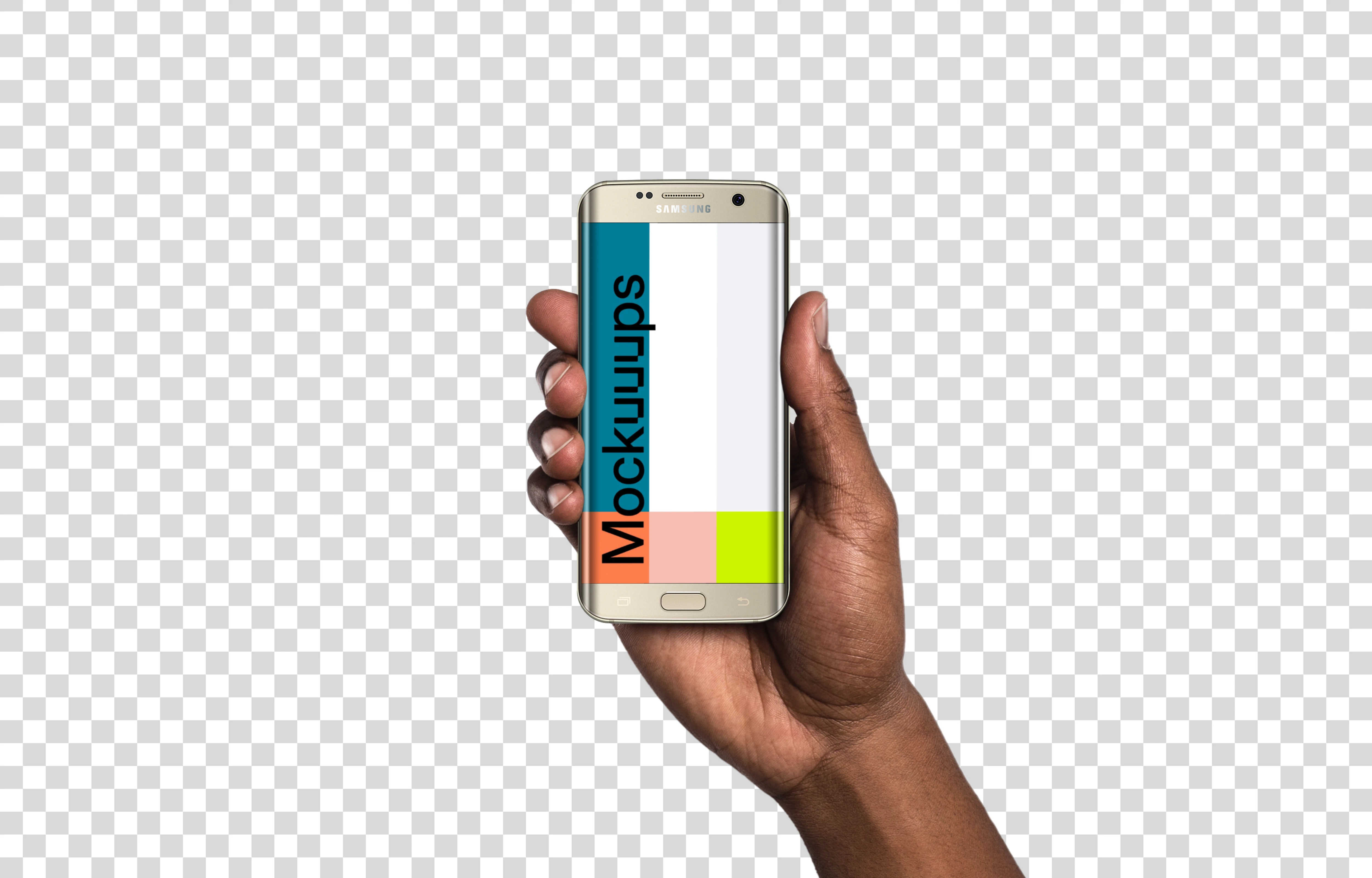 Man holding Samsung Galaxy S7 Gold Mockup (Black skin)