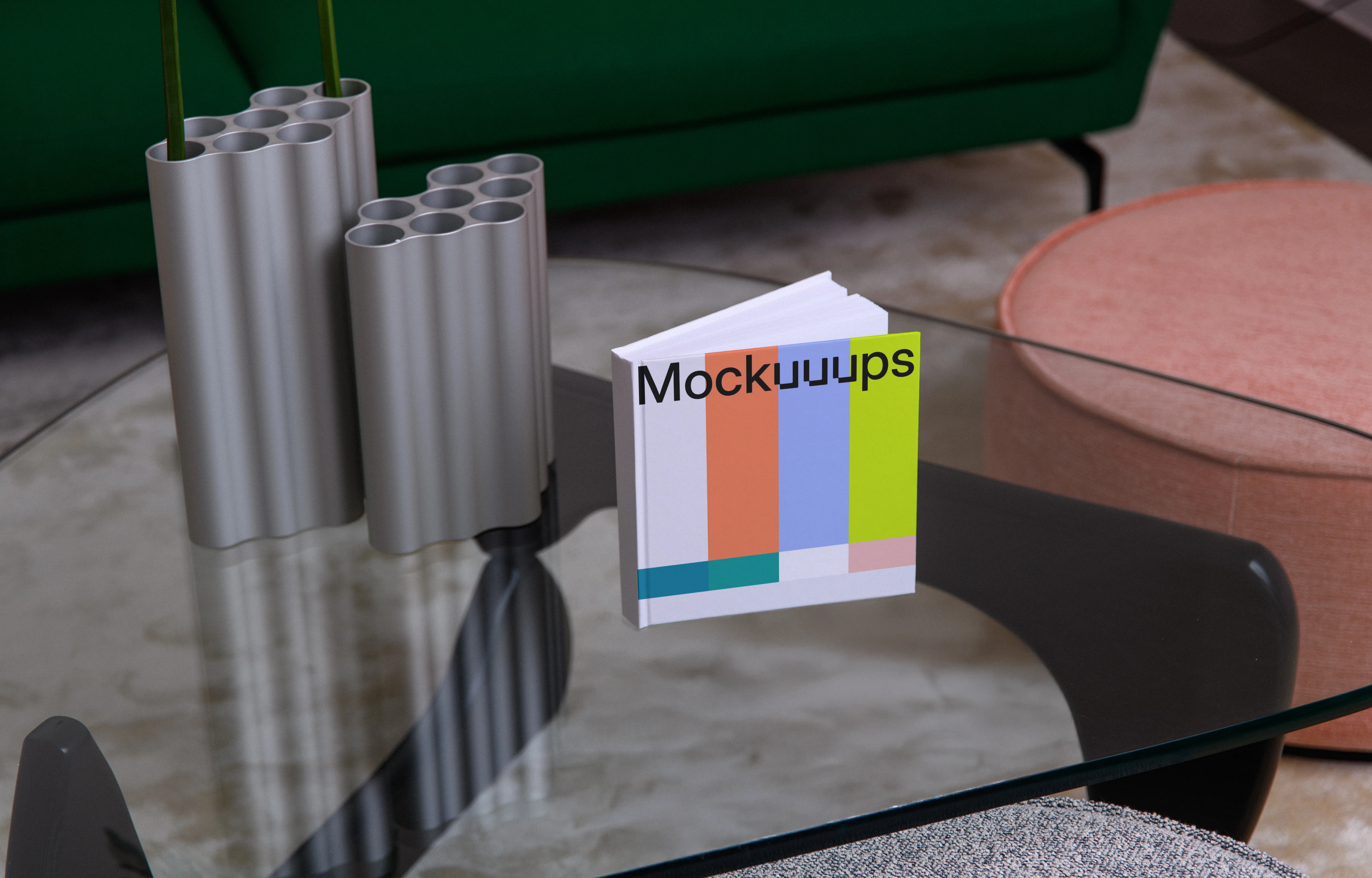 Mockup of a square book on a modern glass coffee table