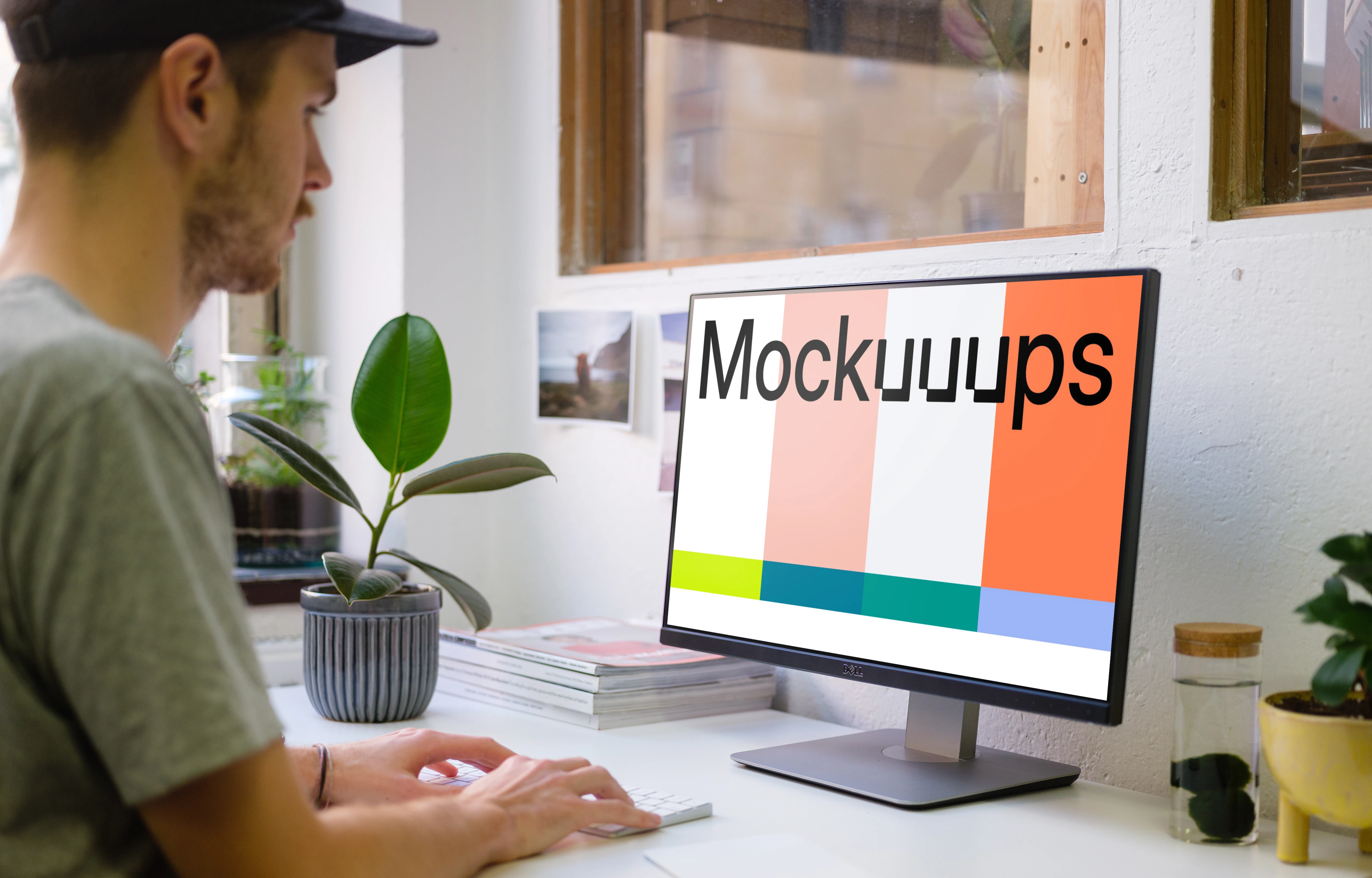 Mockup of young man working on the computer