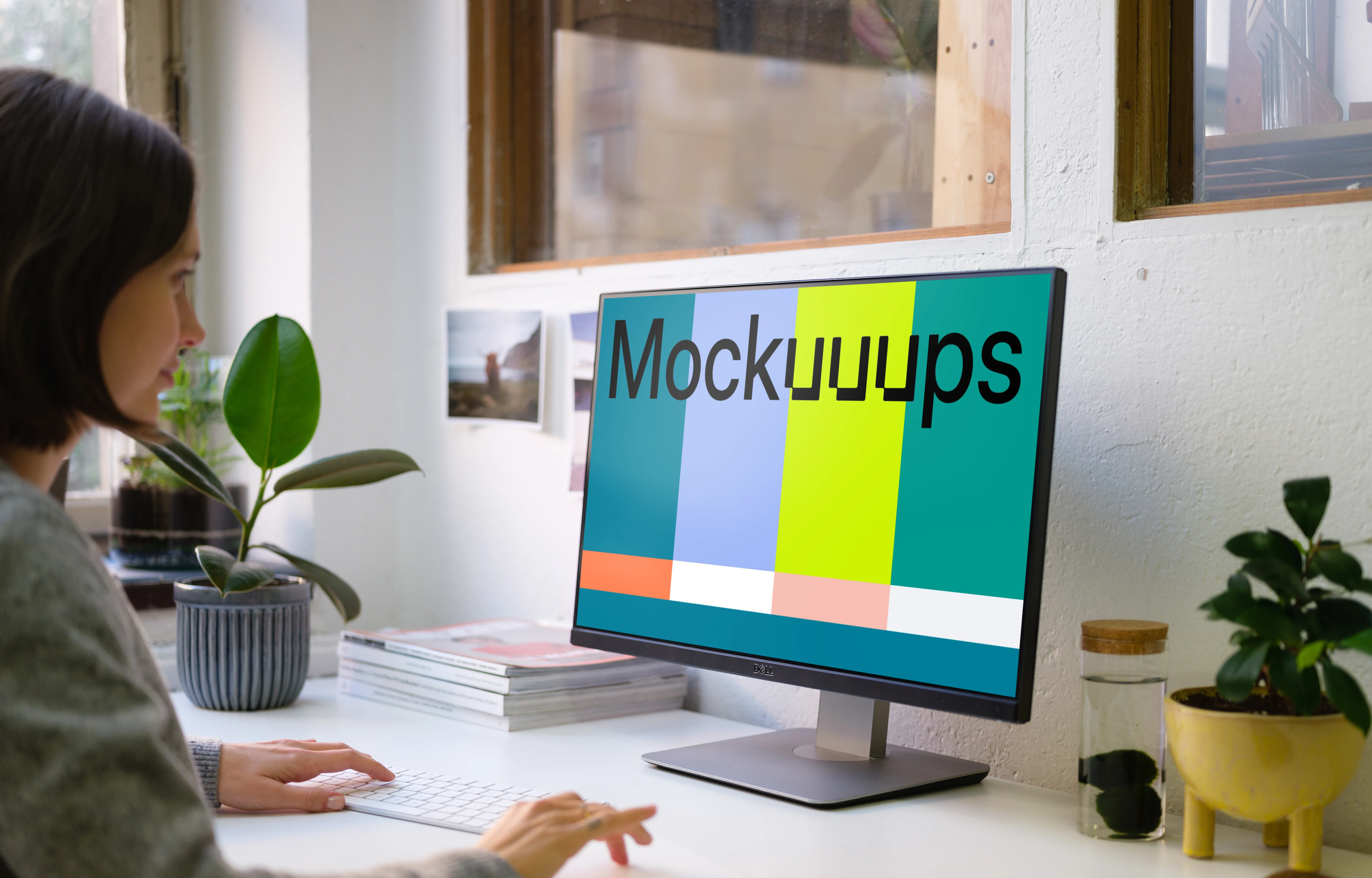 Mockup of young woman working on the computer