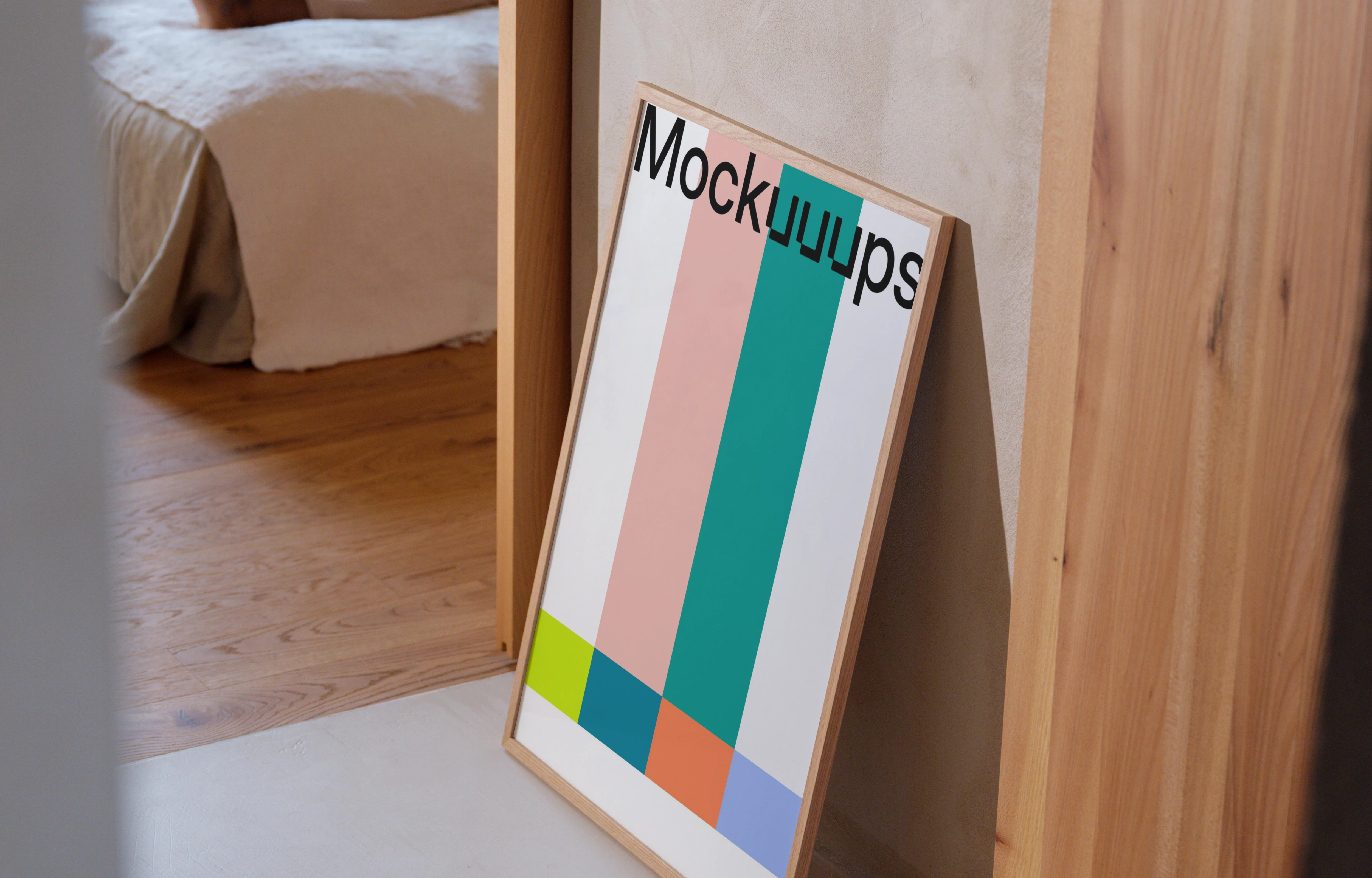 Modern poster mockup leaning against a neutral wall