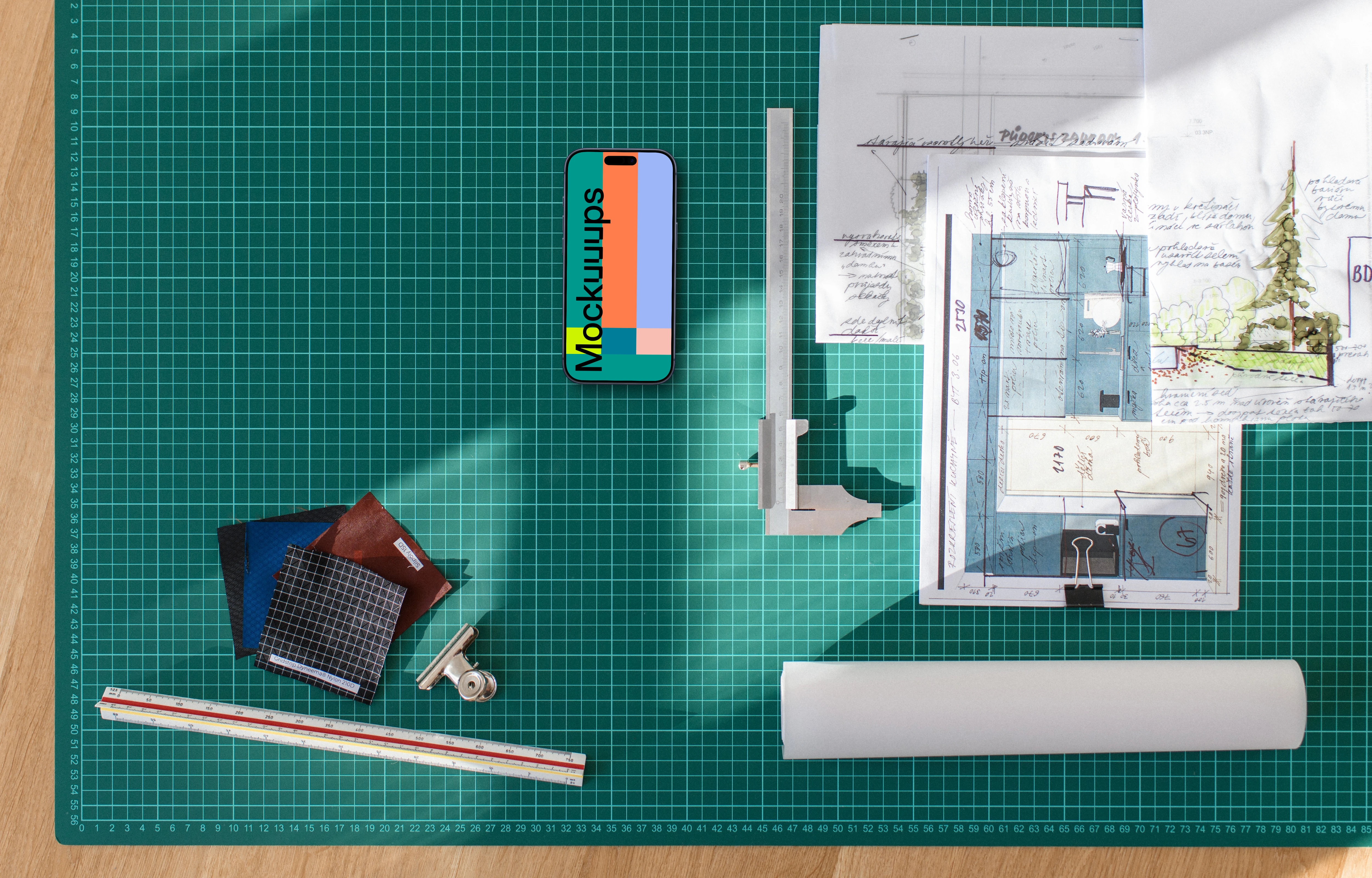 Smartphone mockup on architect's planning table