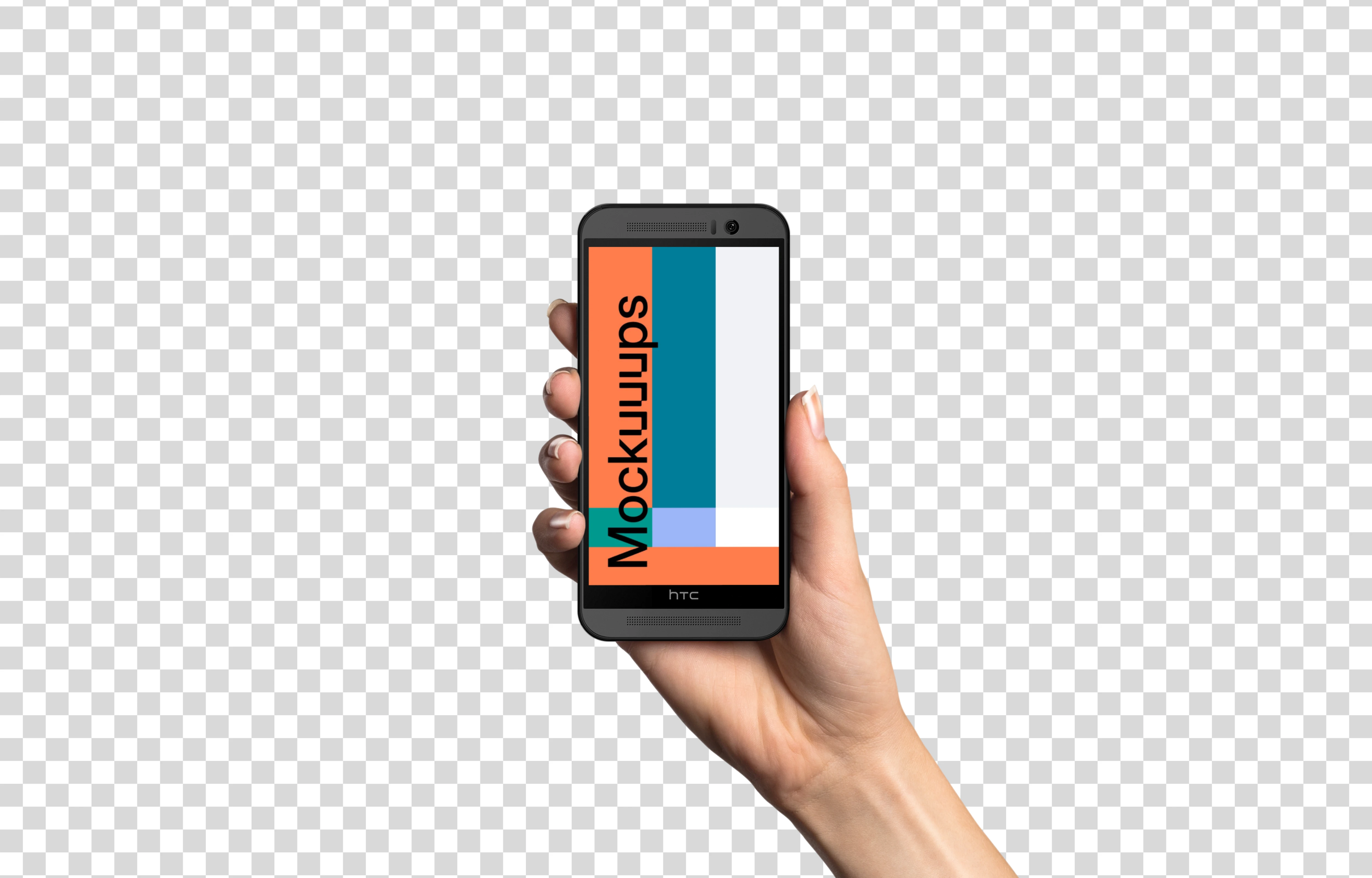 Woman holding HTC One mockup (White skin)