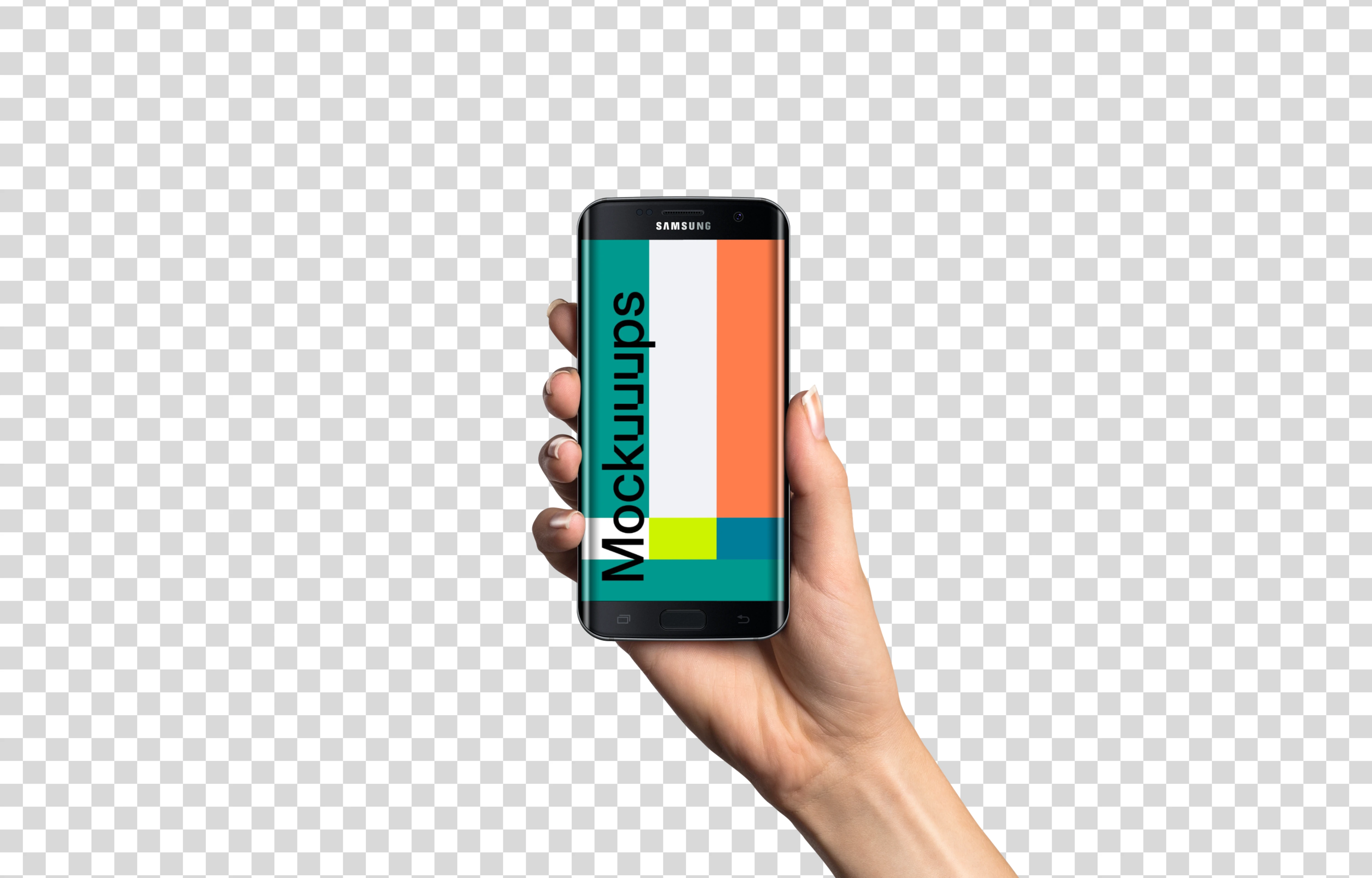 Woman holding Samsung Galaxy S7 Black Mockup (White skin)