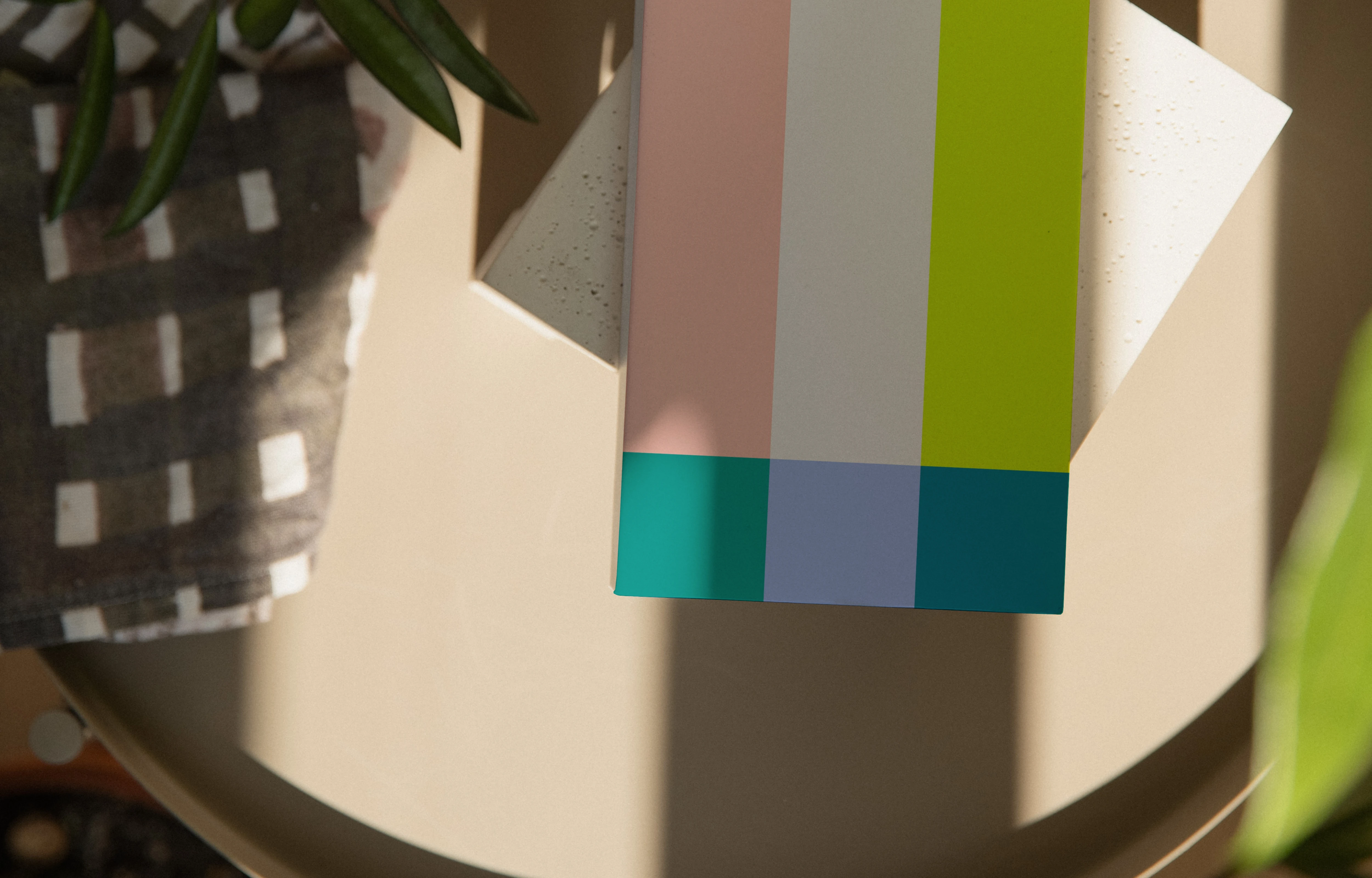 Paperback mockup on a round table with plants