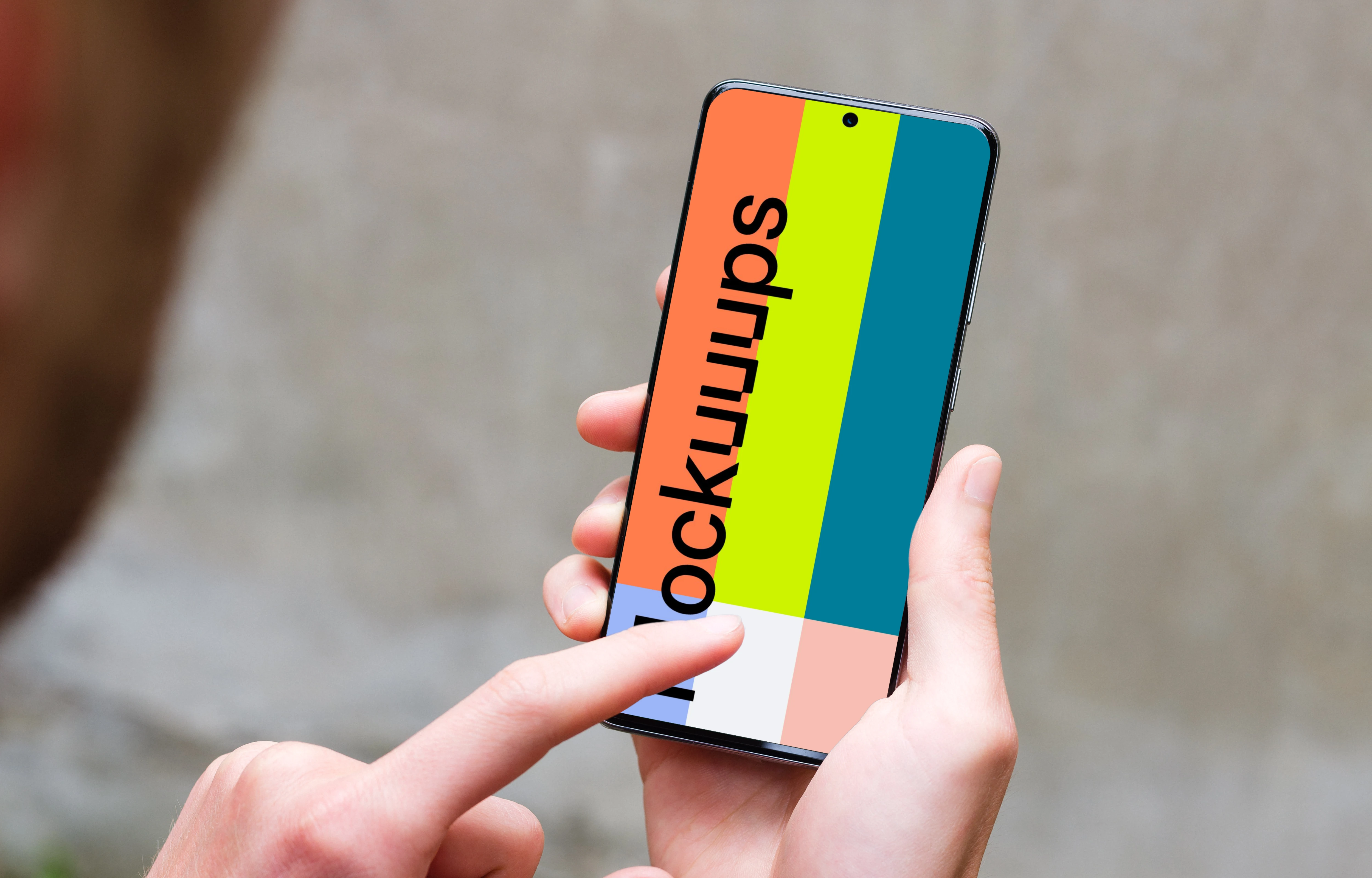 Pointing on Samsung Galaxy S20 mockup outdoors