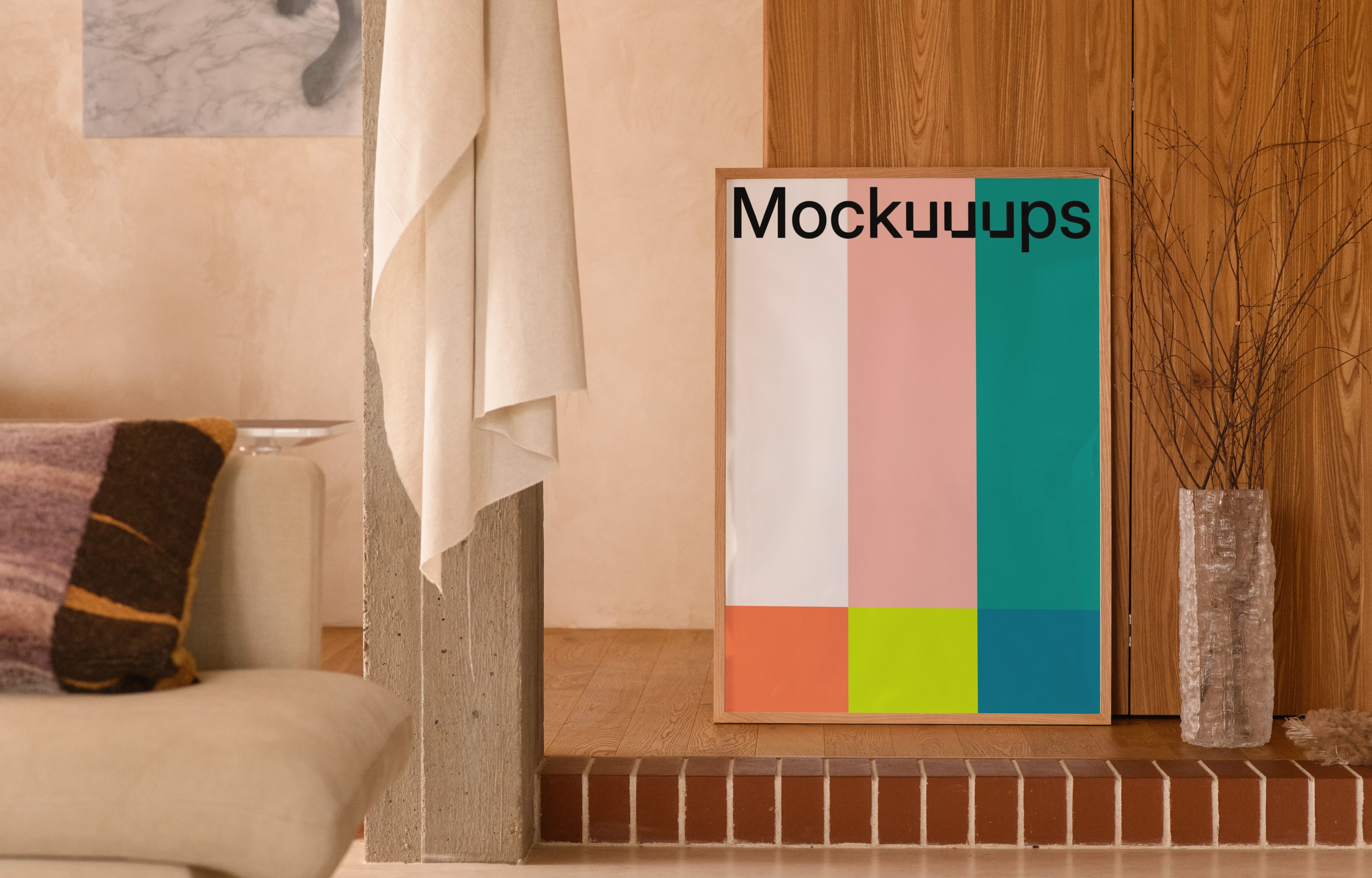 Poster mockup in a cozy living room corner