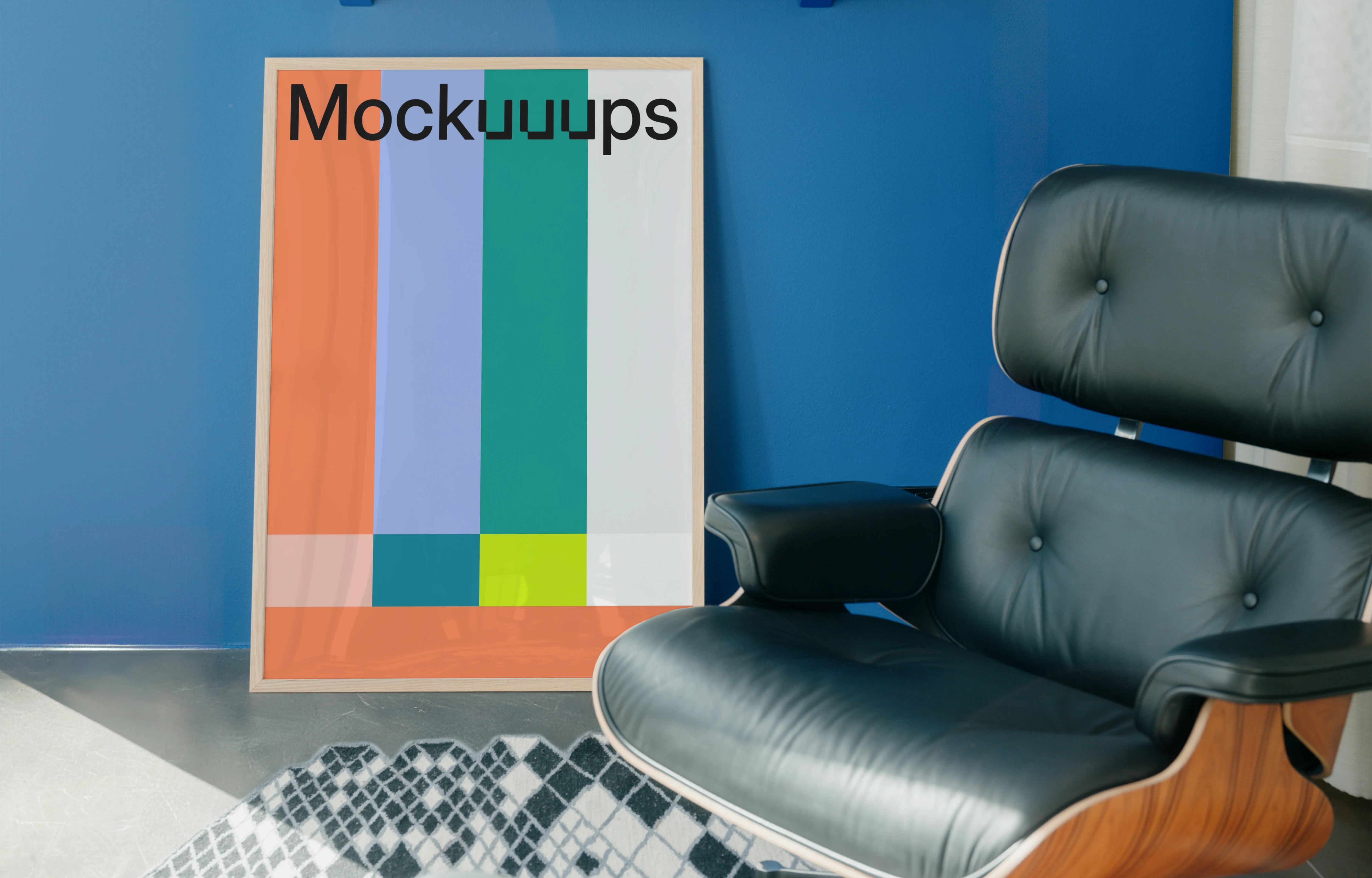 Poster mockup in a modern interior with blue walls