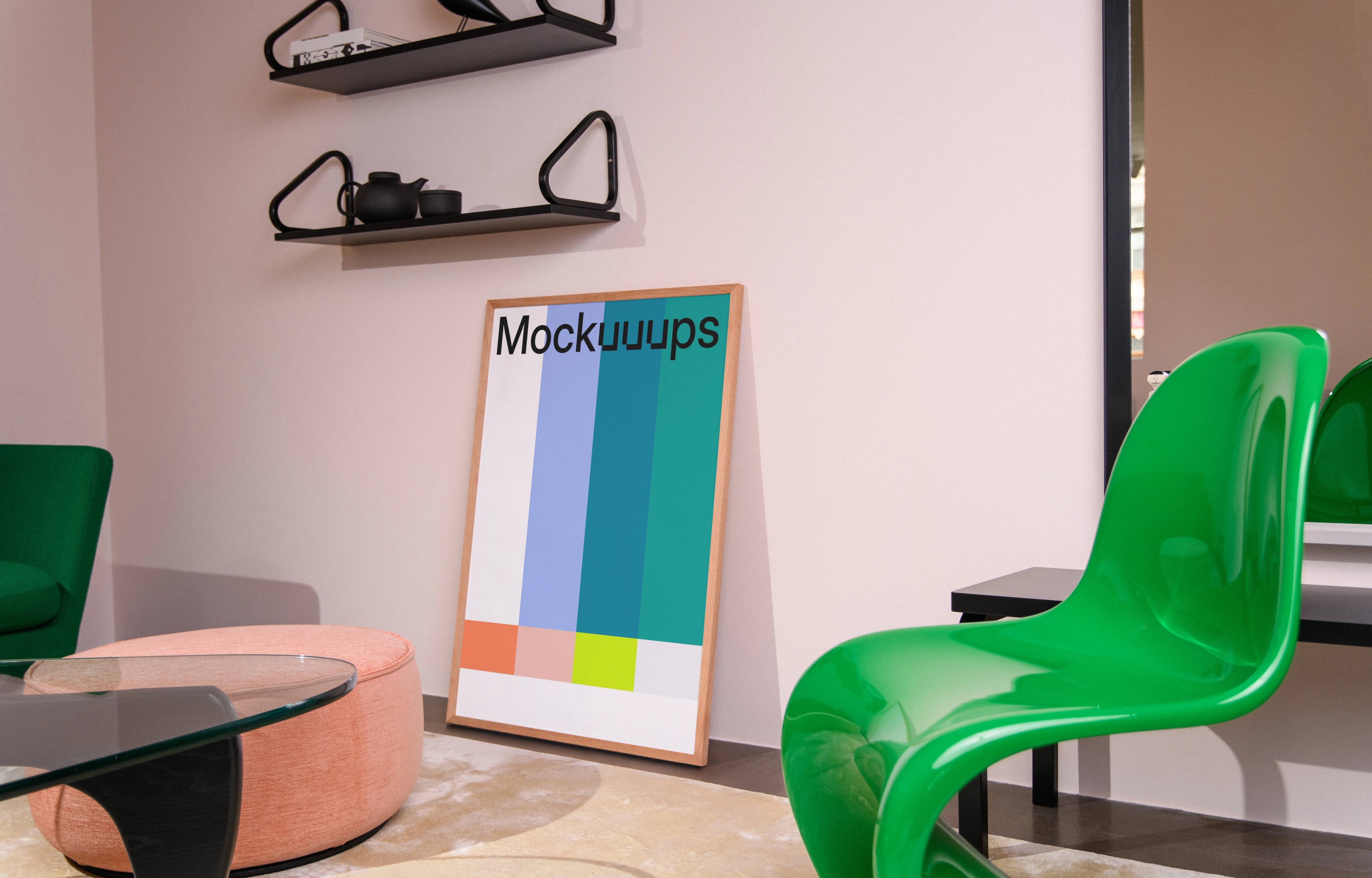 Poster mockup in a modern lounge with vibrant decor