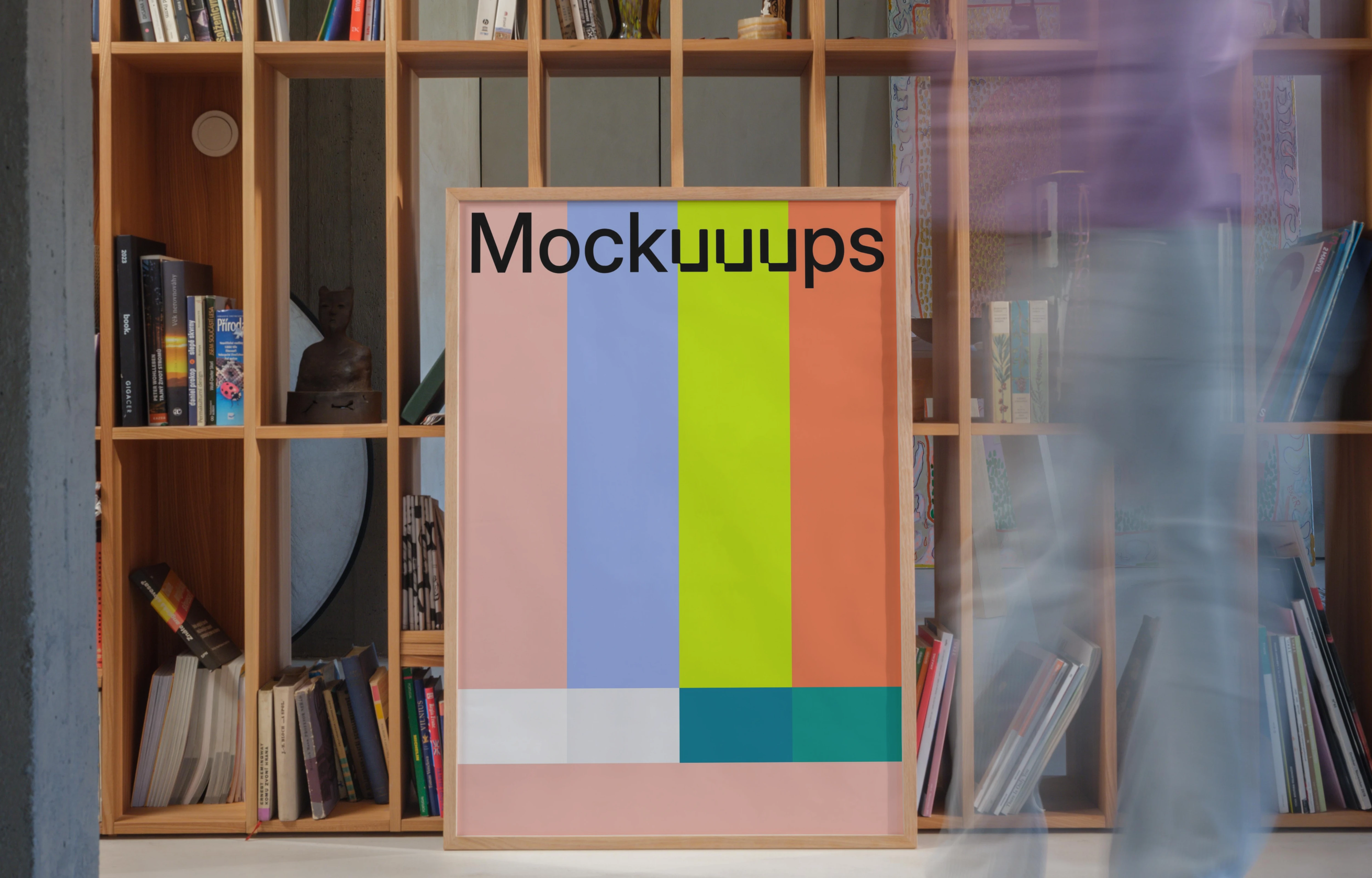 Poster mockup in front of a modern wooden bookshelf