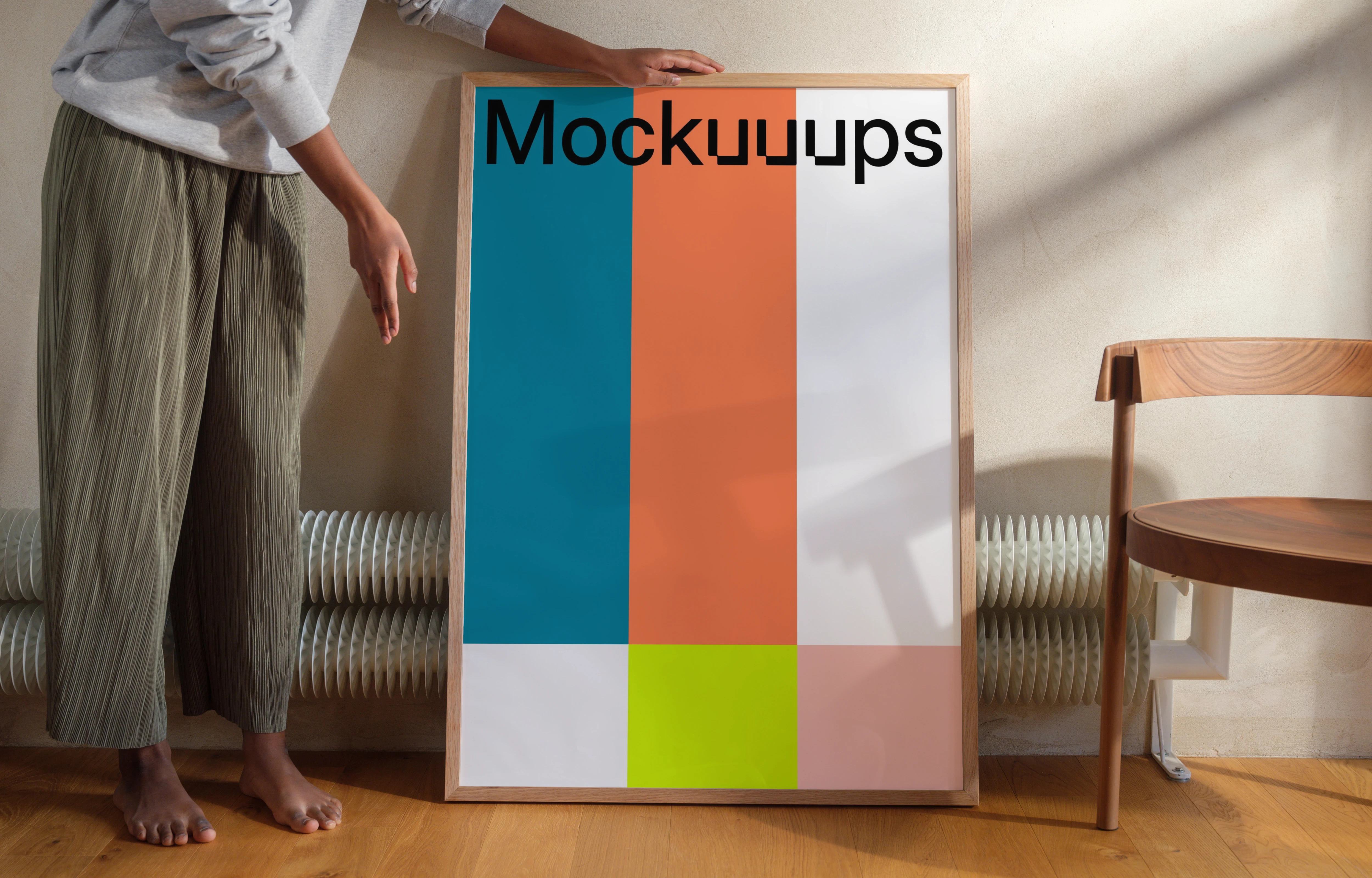 Poster mockup with wooden frame in cozy interior setting