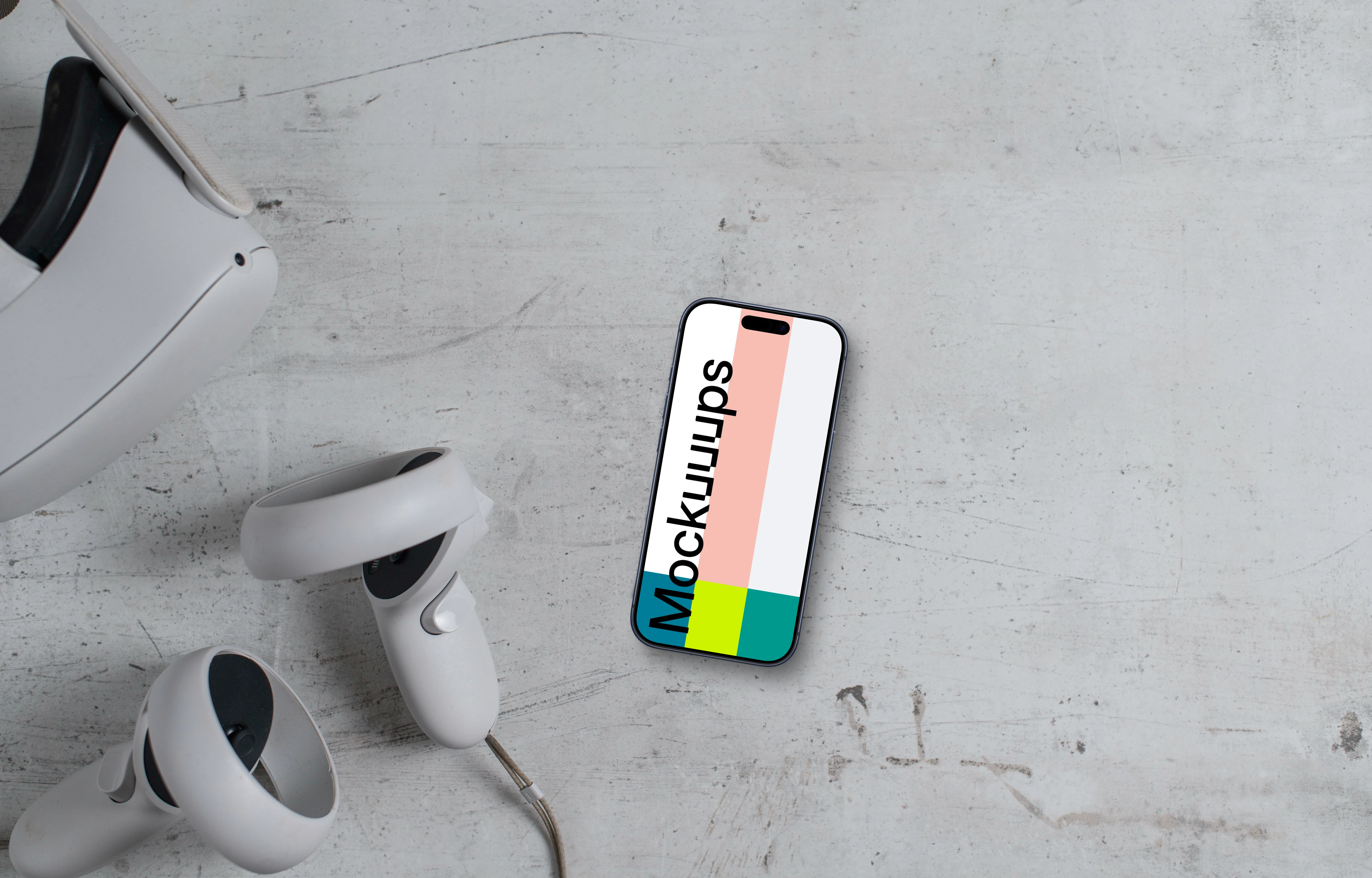 Smartphone mockup with VR headset on concrete surface