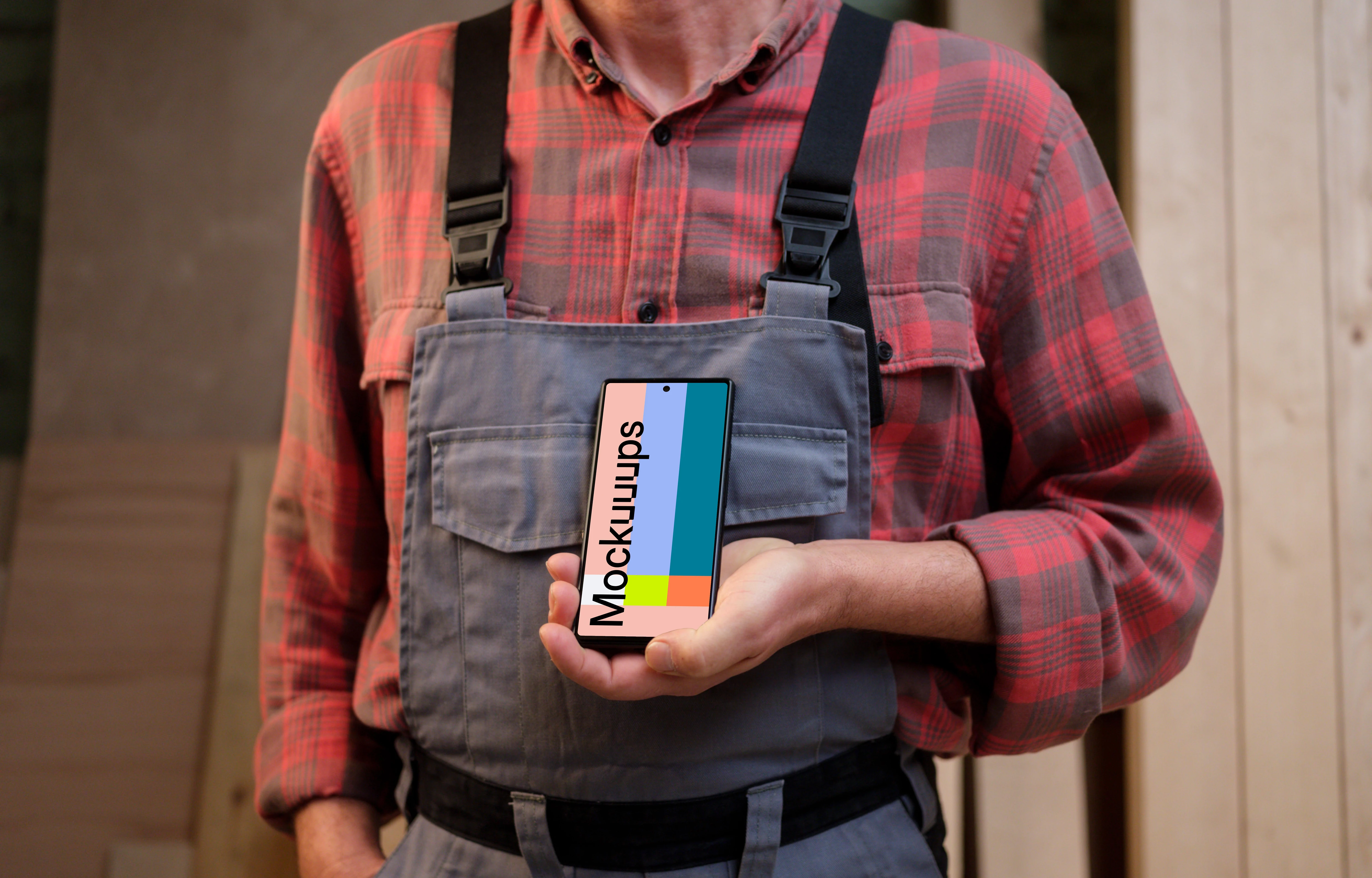 Crafter in overalls holding a Google Pixel 6 mockup