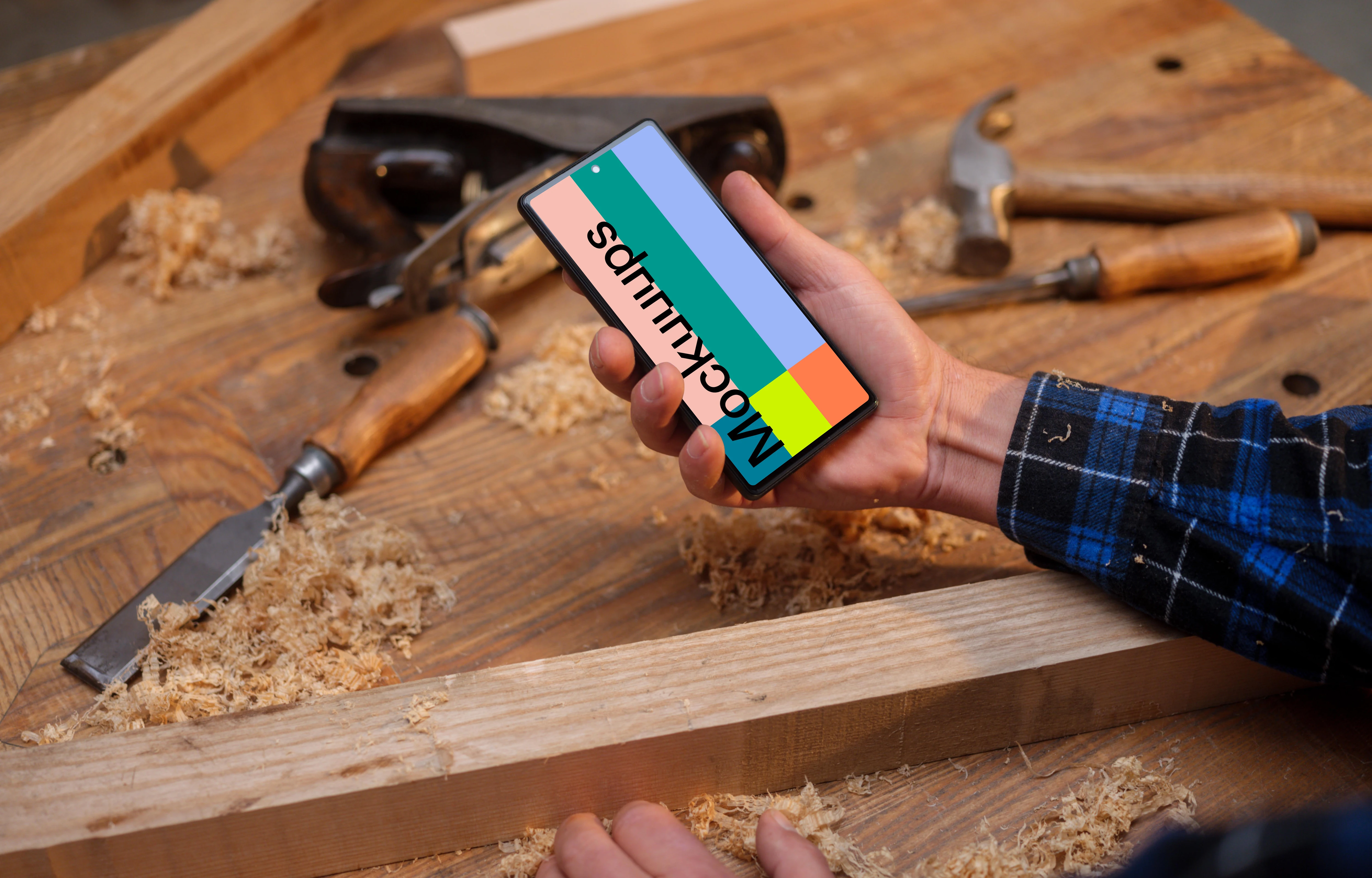 Google Pixel 6 mockup in the carpentry workshop