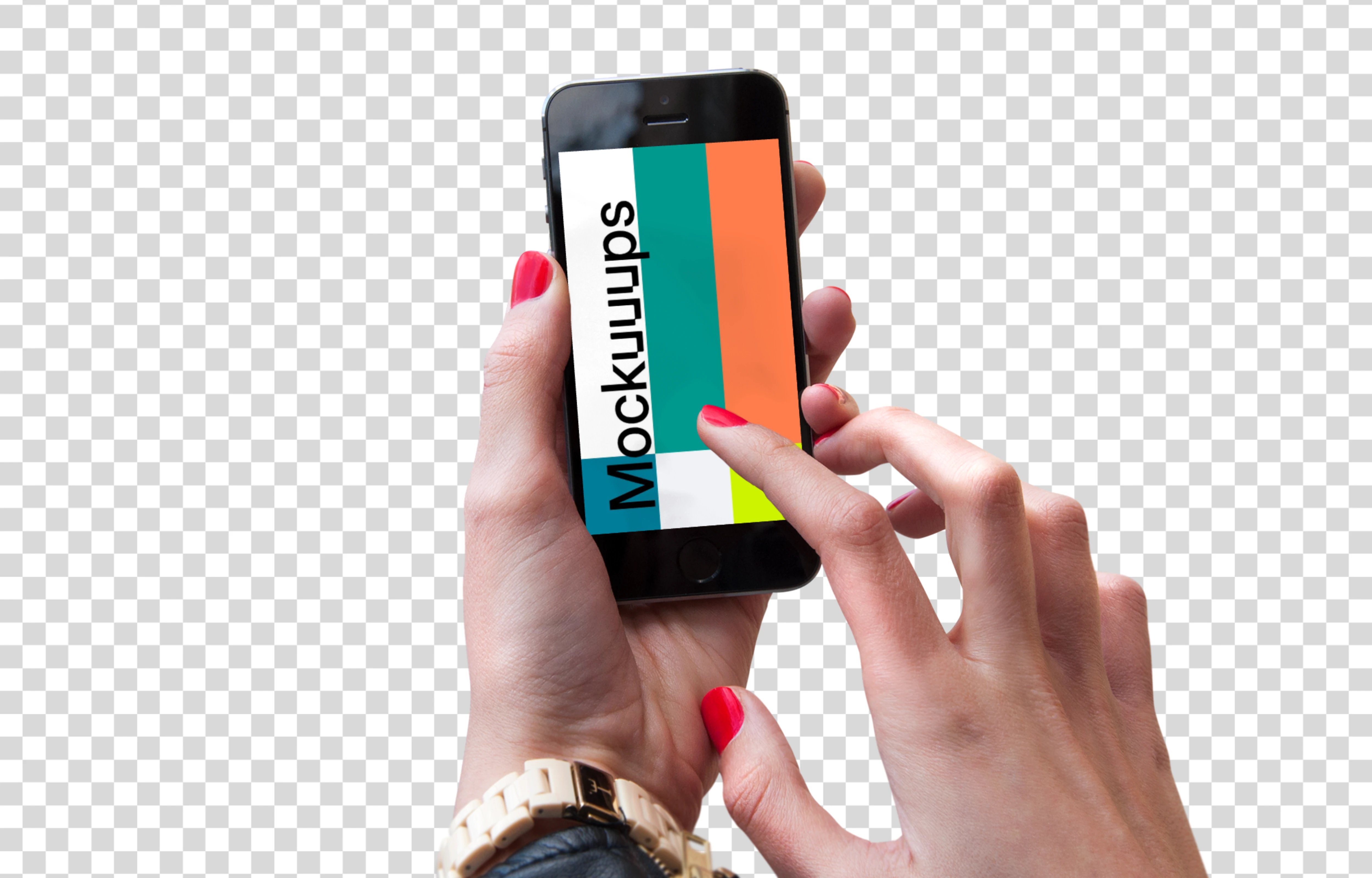 Red nails pointing on iPhone SE mockup