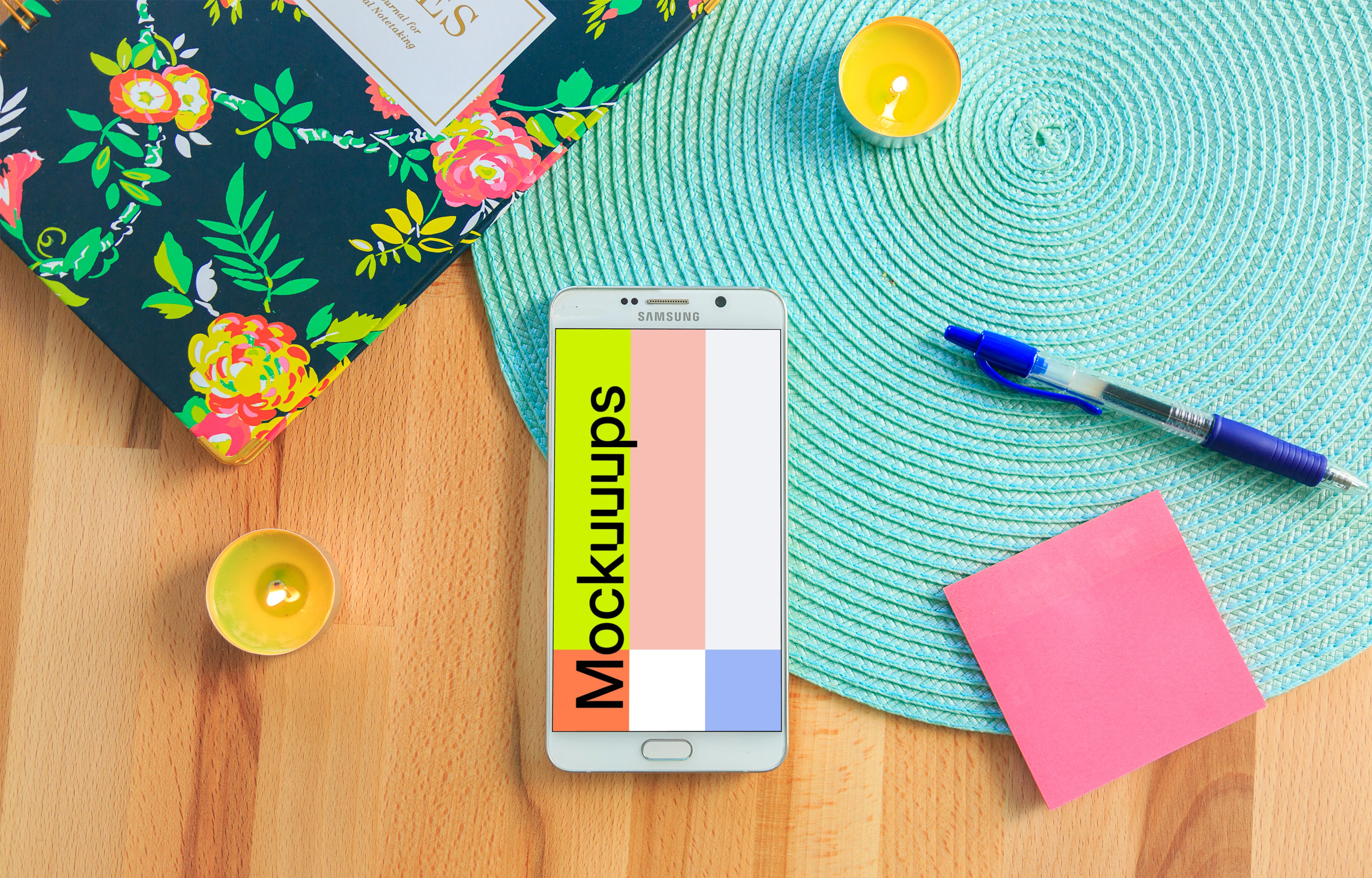 Samsung Galaxy S6 mockup on the wooden table