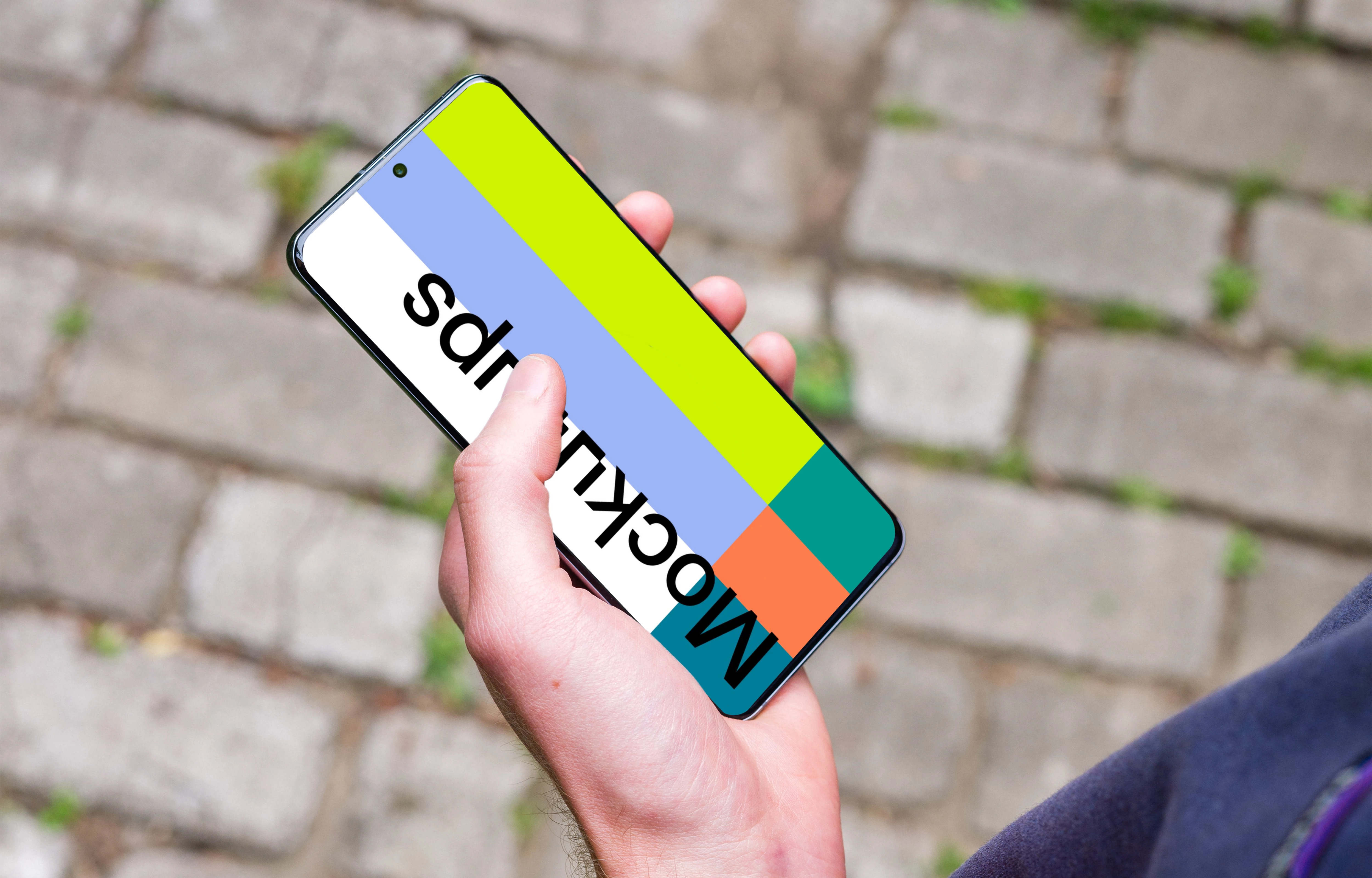 Scrolling on Samsung Galaxy S20 mockup in garden patio