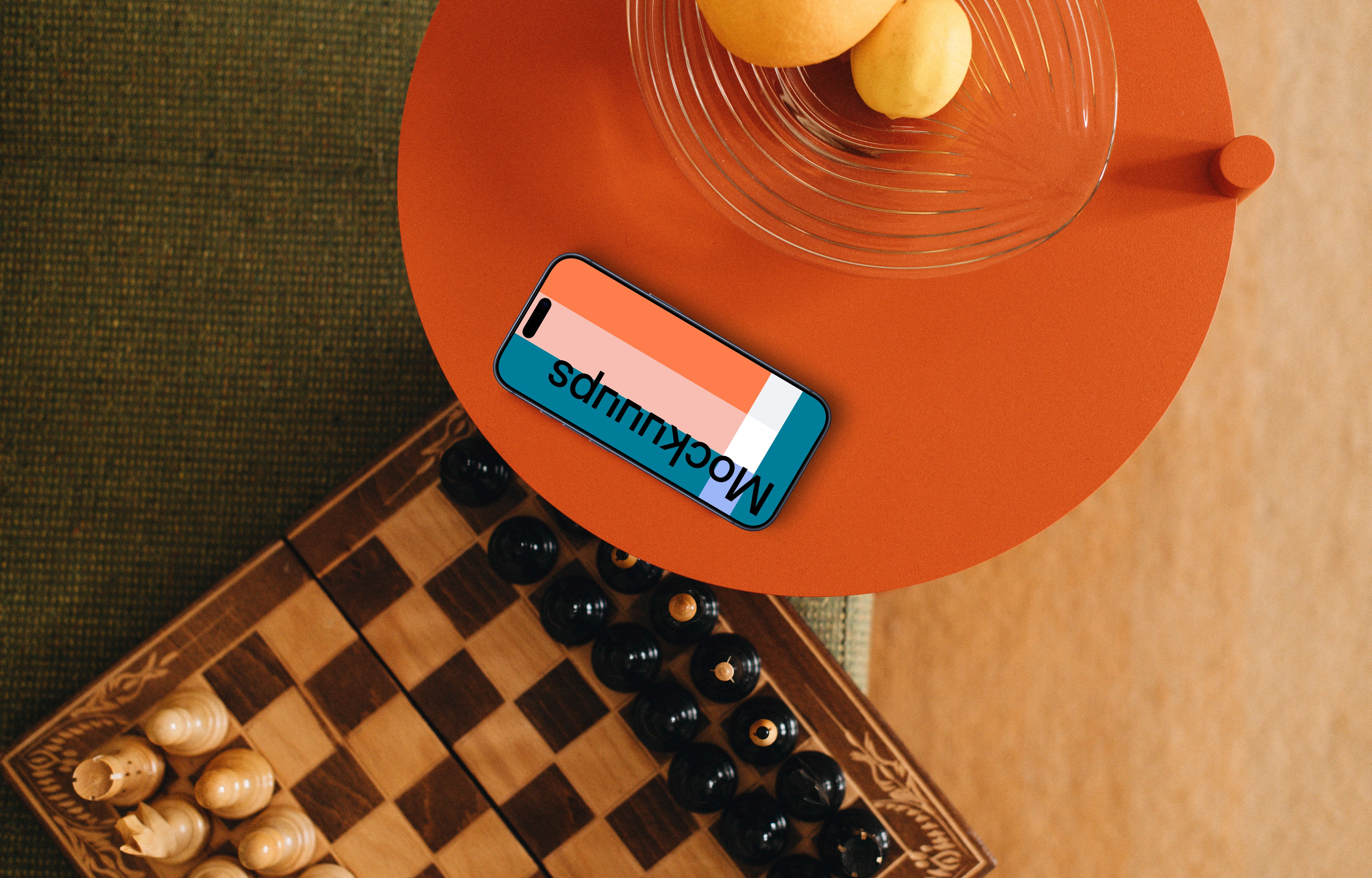 Chess board next to the iPhone mockup