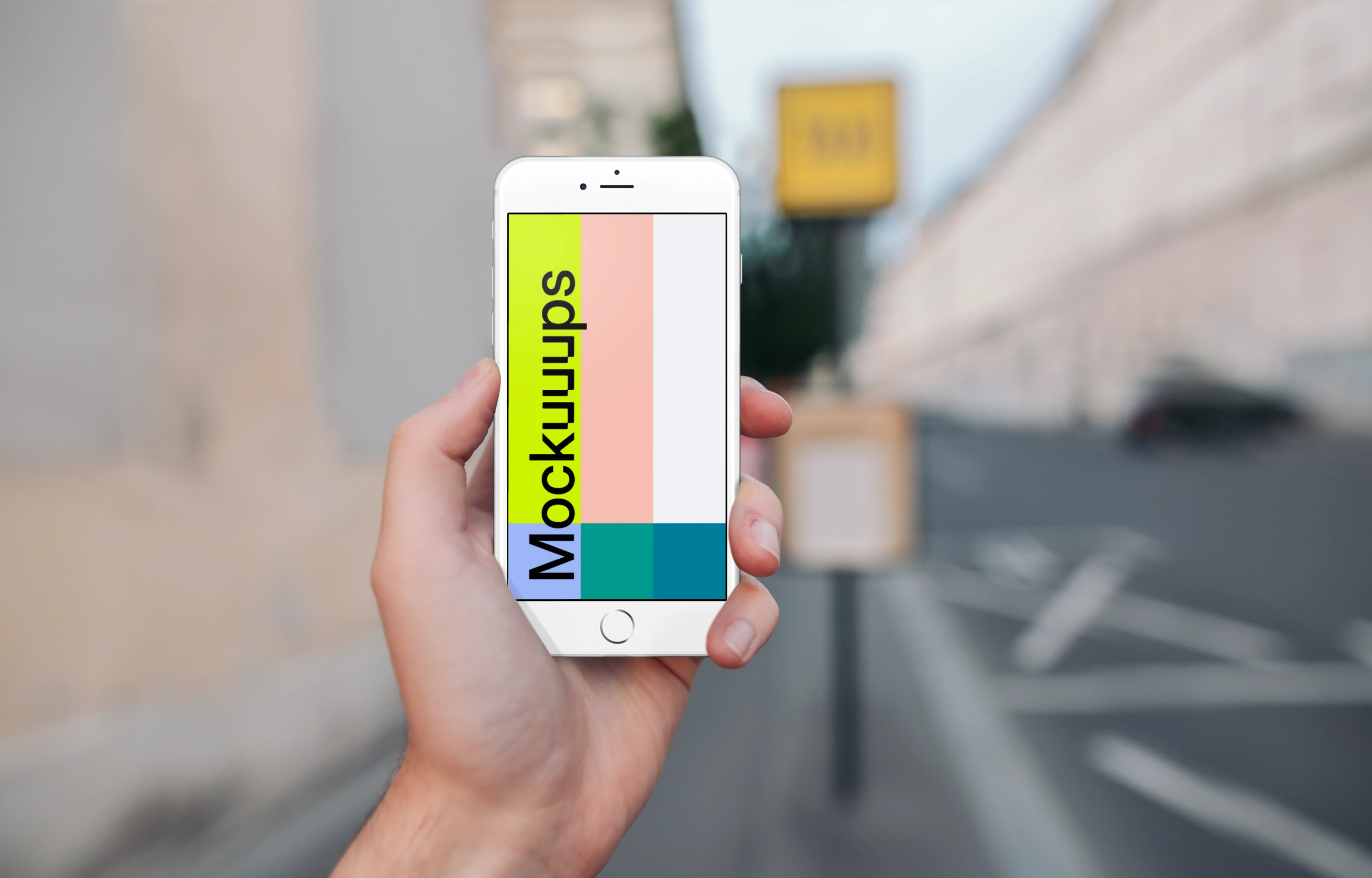 Holding iPhone 6s mockup in front of a Taxi Stand