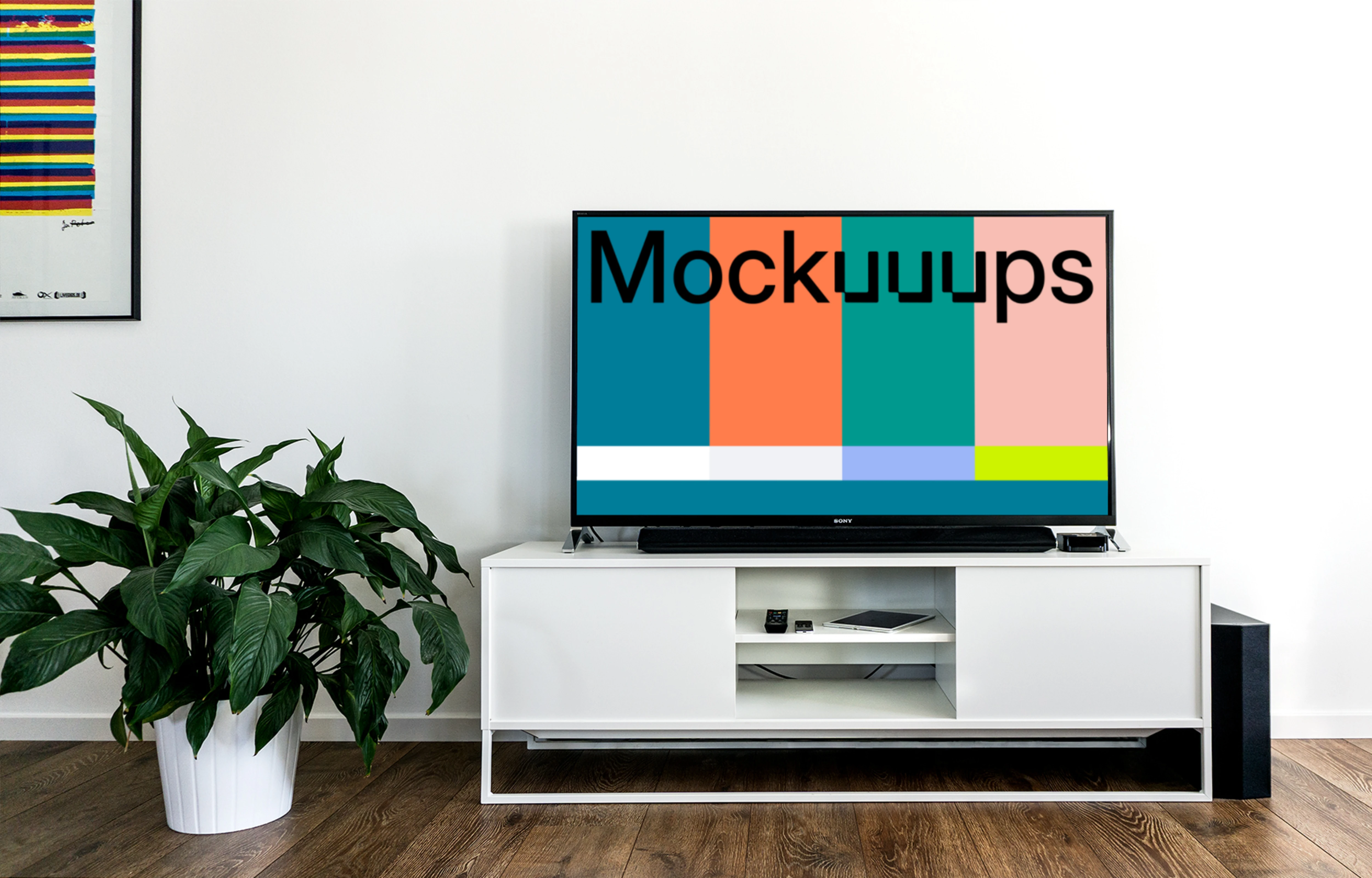  Smart television mockup beside a flower pot
