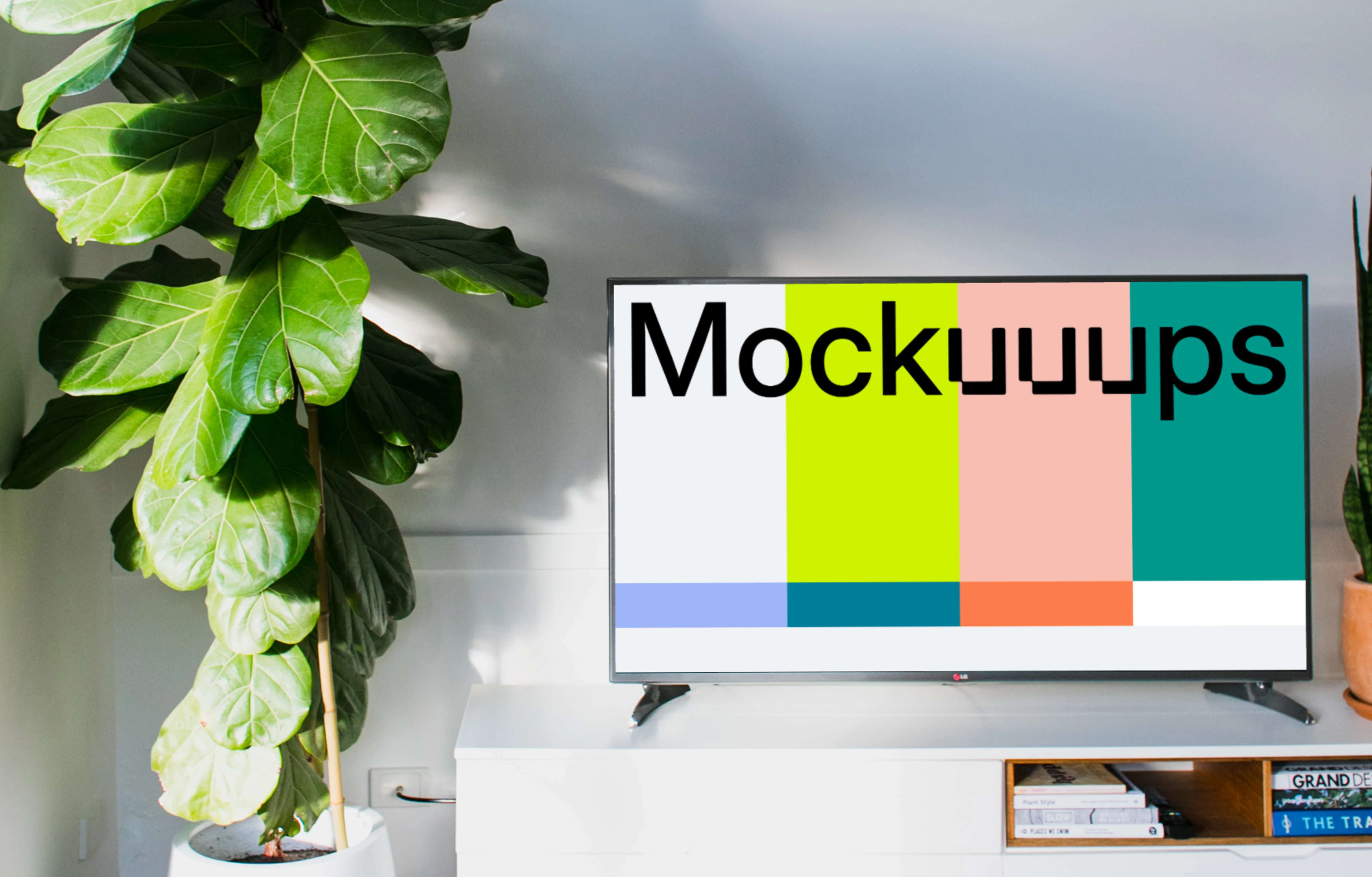 Smart television mockup on a white TV stand
