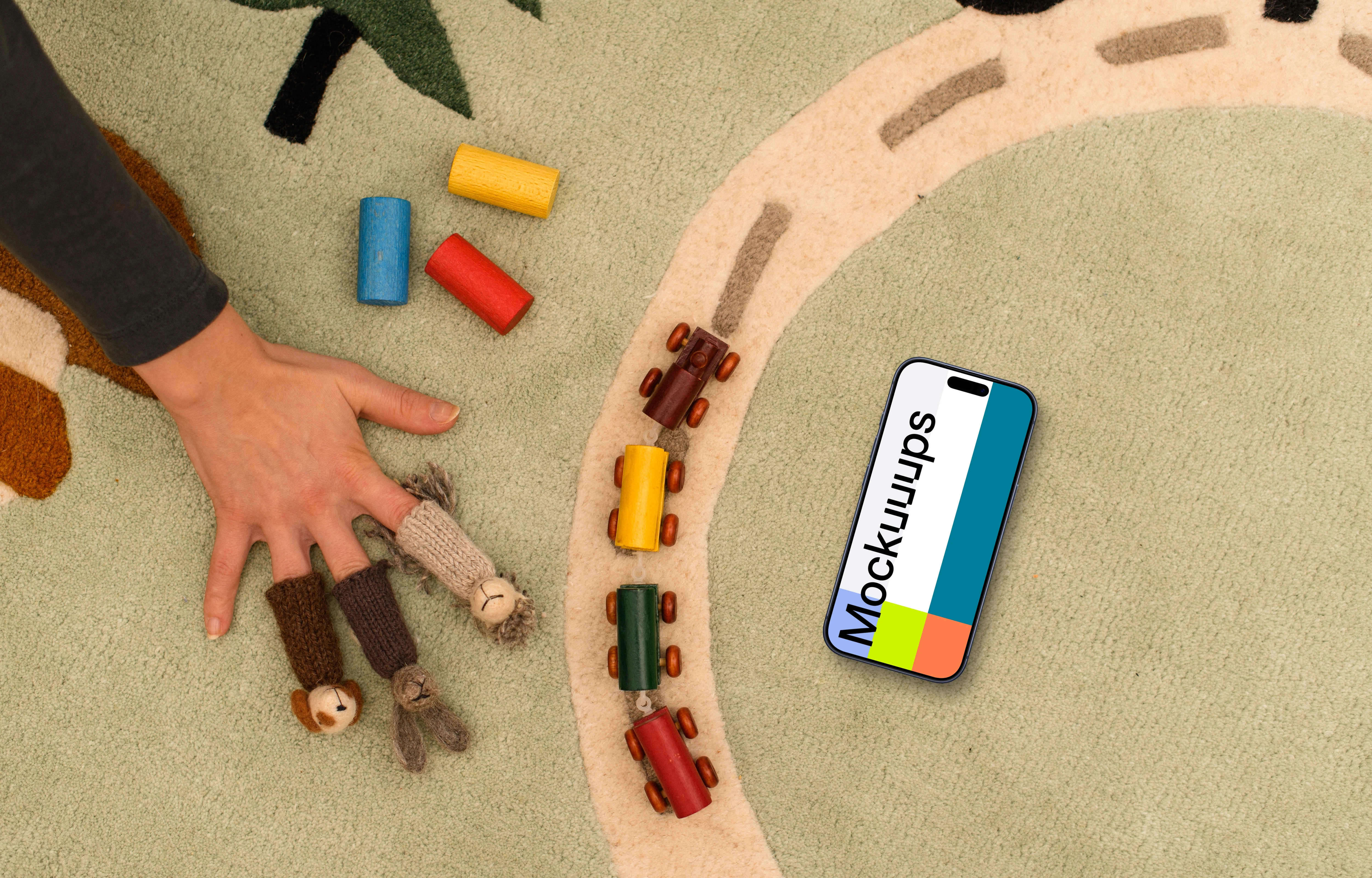 Smartphone mockup on a kid's playmat with toys