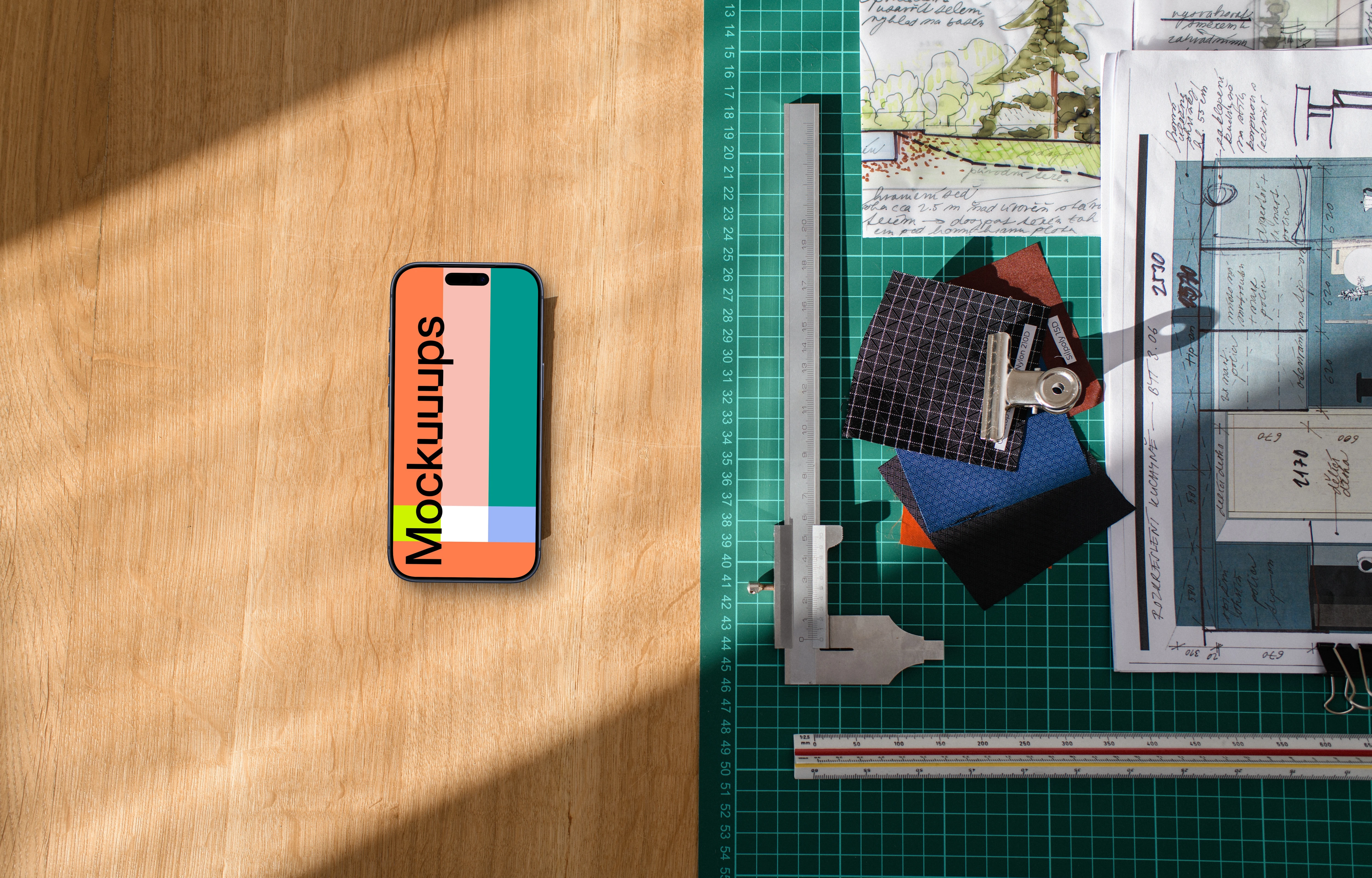 Smartphone mockup on architect's desk