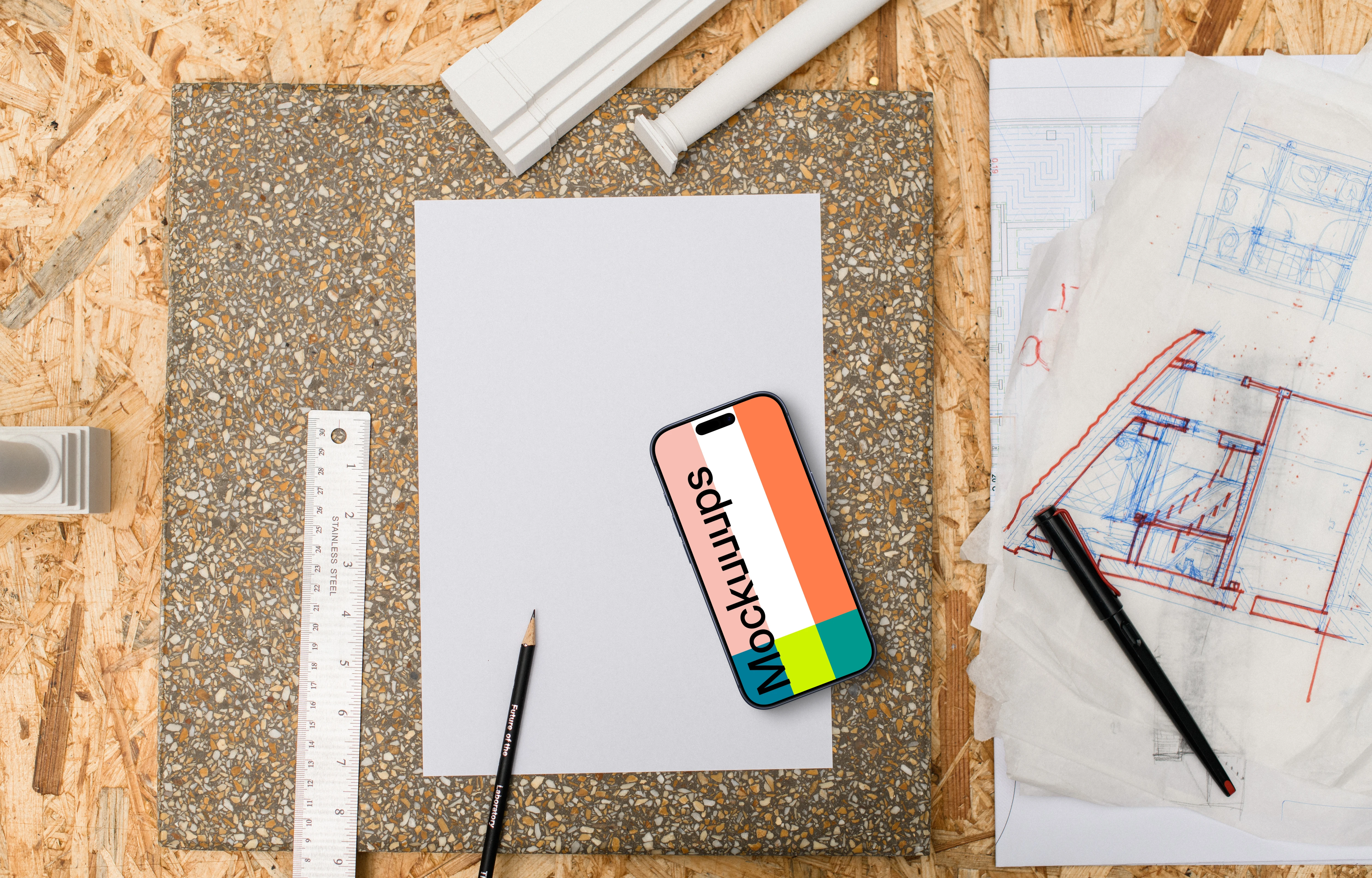 Smartphone mockup on architect's table with tools