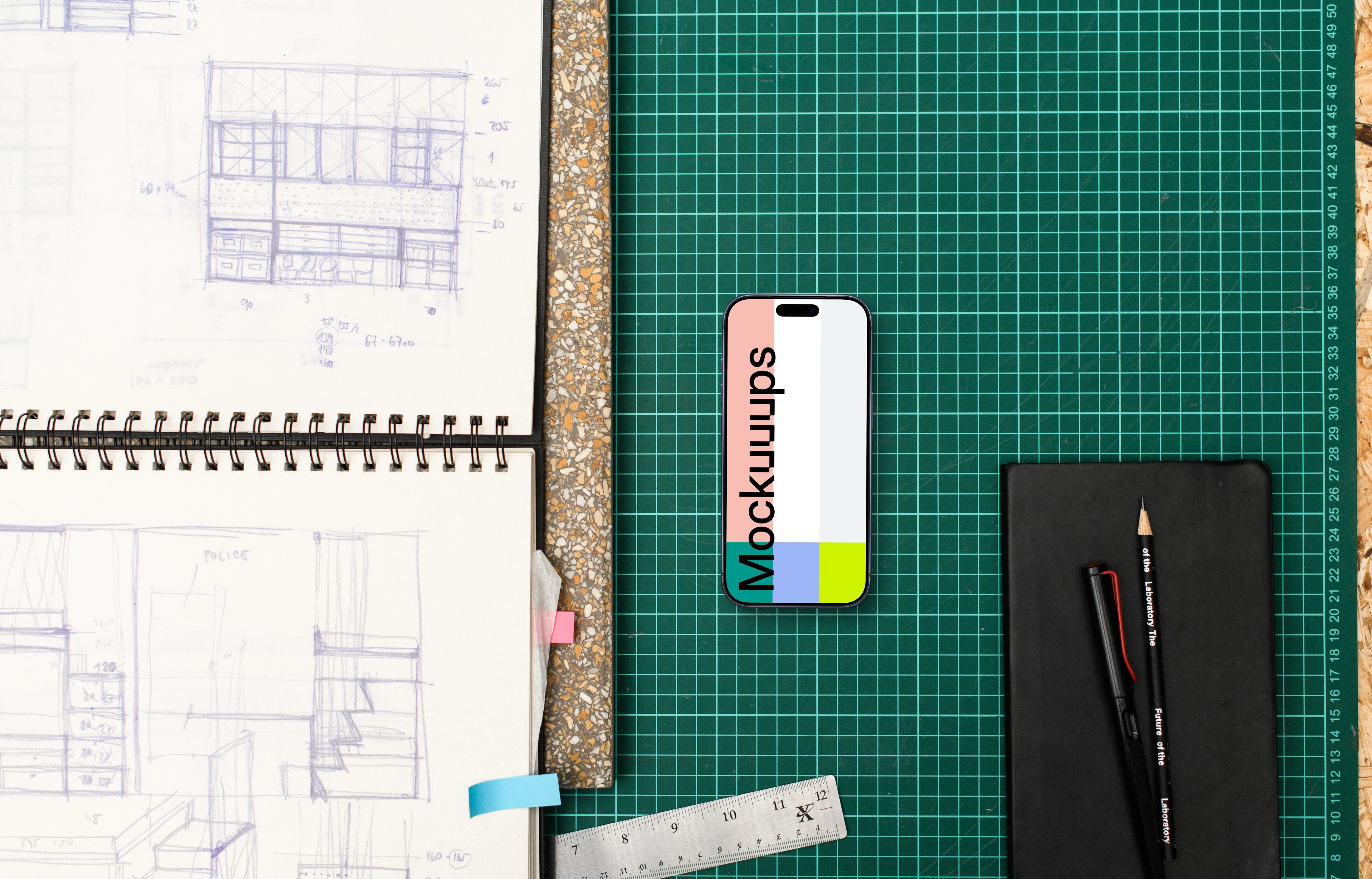 Smartphone mockup with architectural planning tools
