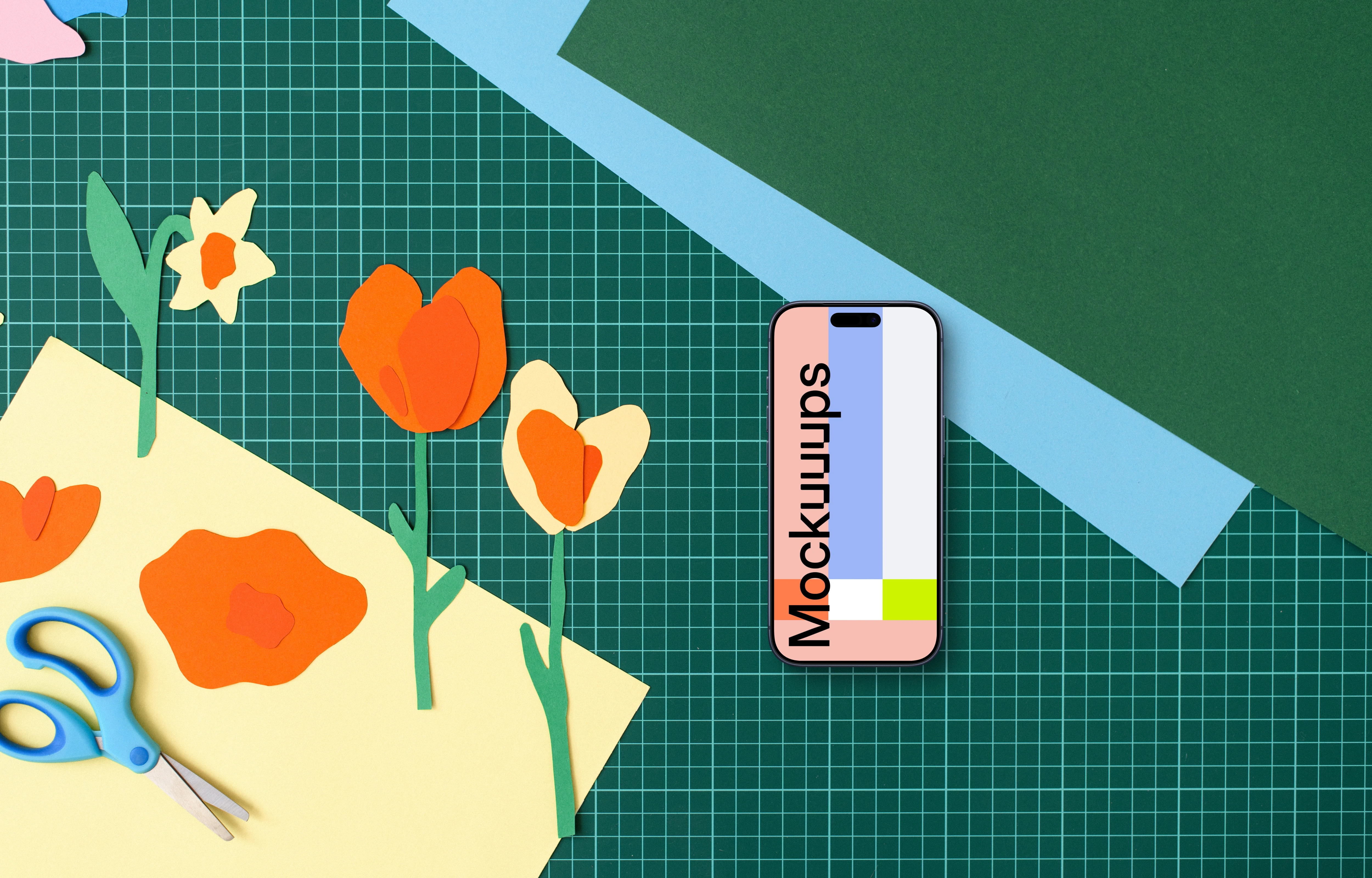 Smartphone mockup with colorful paper crafts