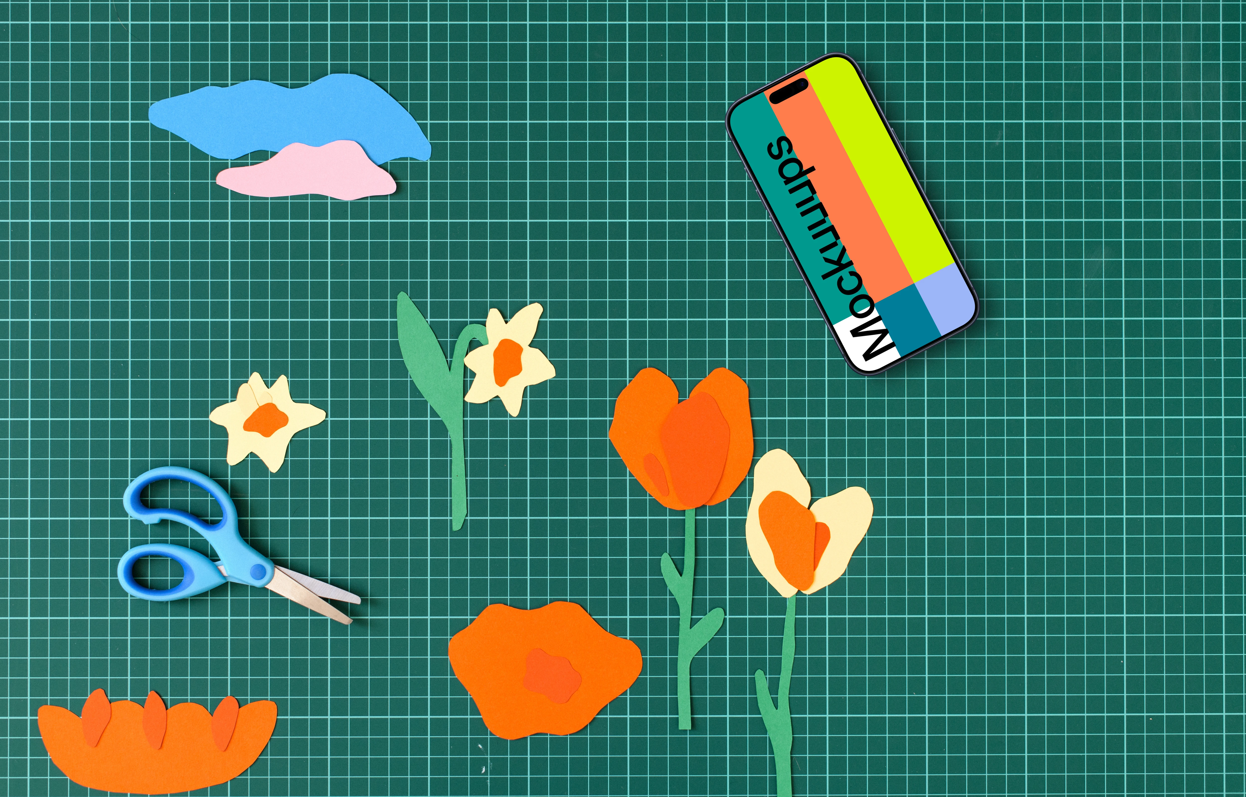 Smartphone mockup with colorful paper crafts